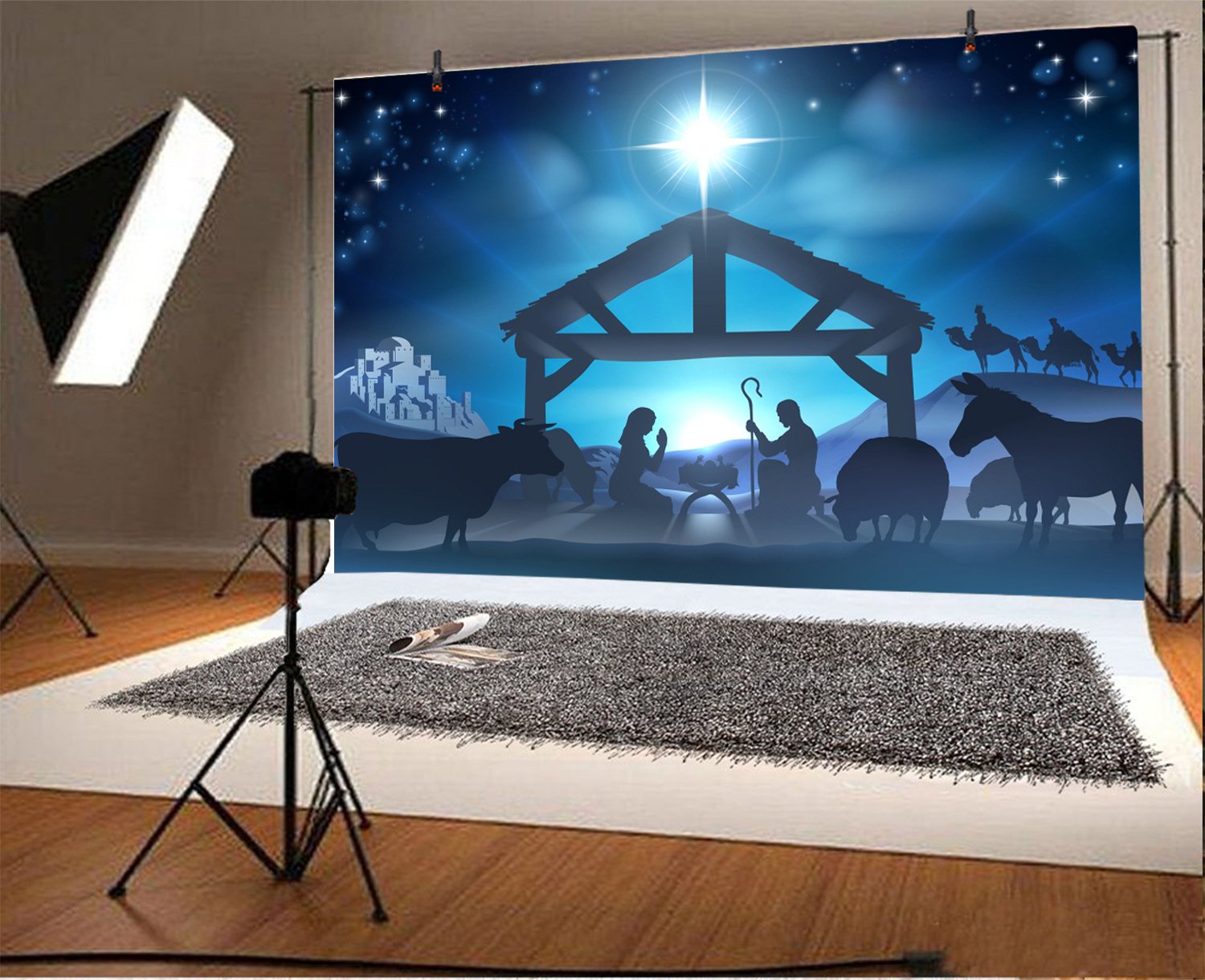 Lfeey 10X8Ft Birth Of Jesus Backdrop Christmas Night Manger Nativity Scene Silhouette Background Farm Barn Stable Christianity P