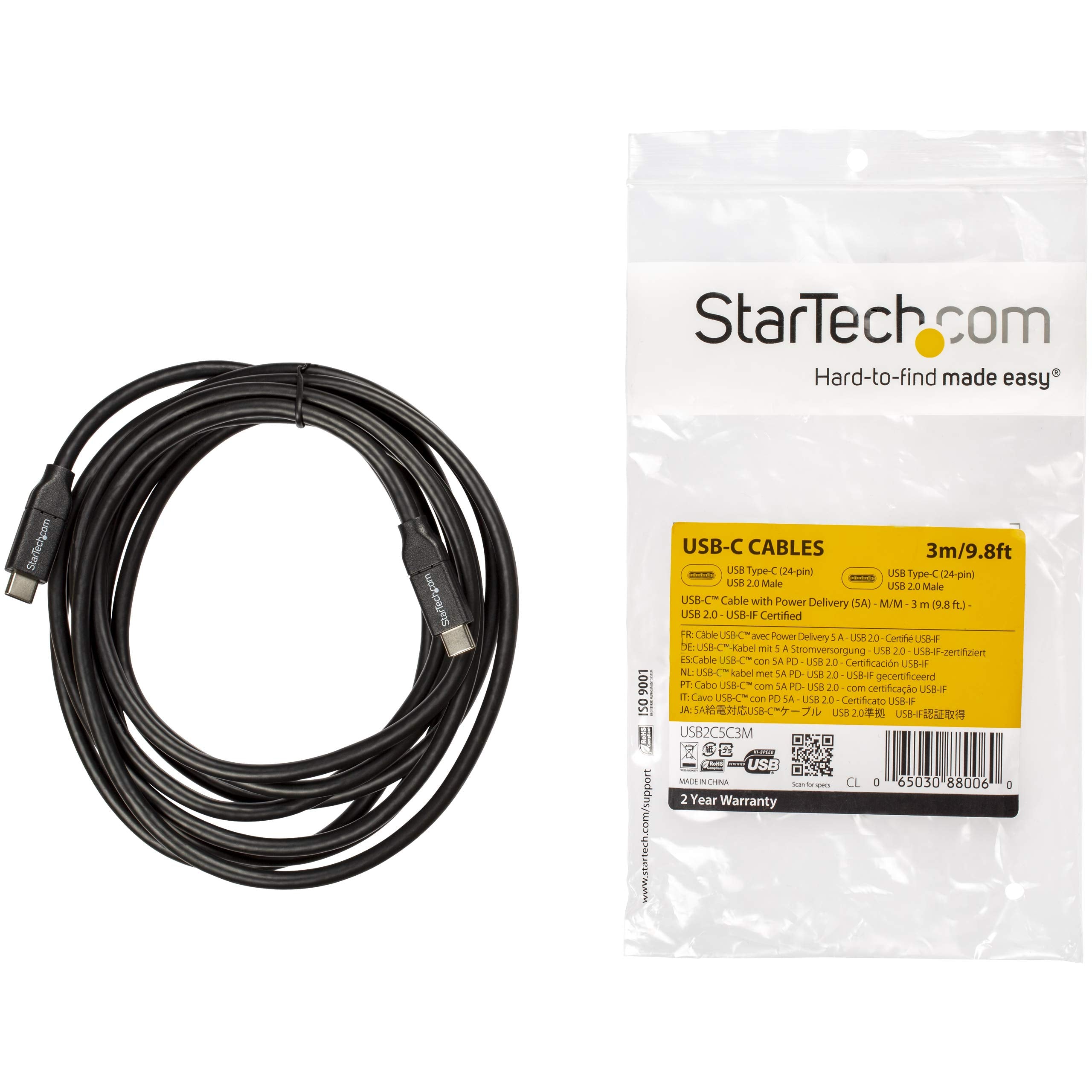StarTech.com USB C To USB C Cable   10 ft / 3m   USB IF Certified   5A PD   USB 2.0   USB Type C Charging Cable   USB C Fast Charge Cable (USB2C5C3M)