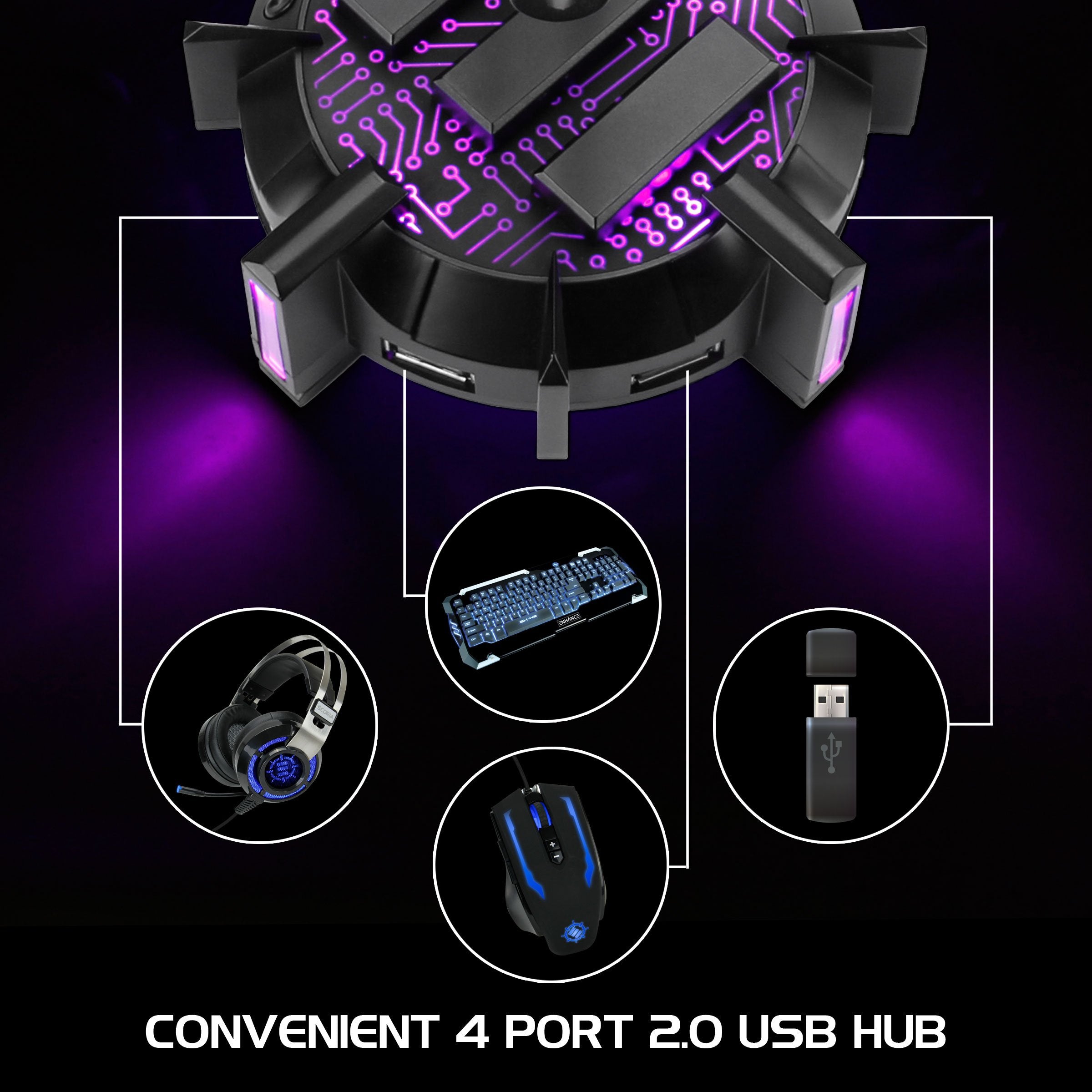 Enhance Gaming Headphone Stand Headset Holder With 4 Port Usb Hub, Customizable Led Lighting, Flexible Acrylic Neck - Universal