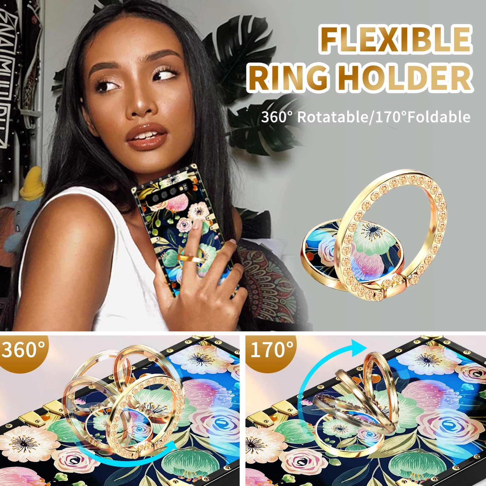 Loheckle For Samsung Galaxy S10 Case For Women, Designer Square Cases For Galaxy S10 With Ring Stand Holder And Lanyard, Stylish