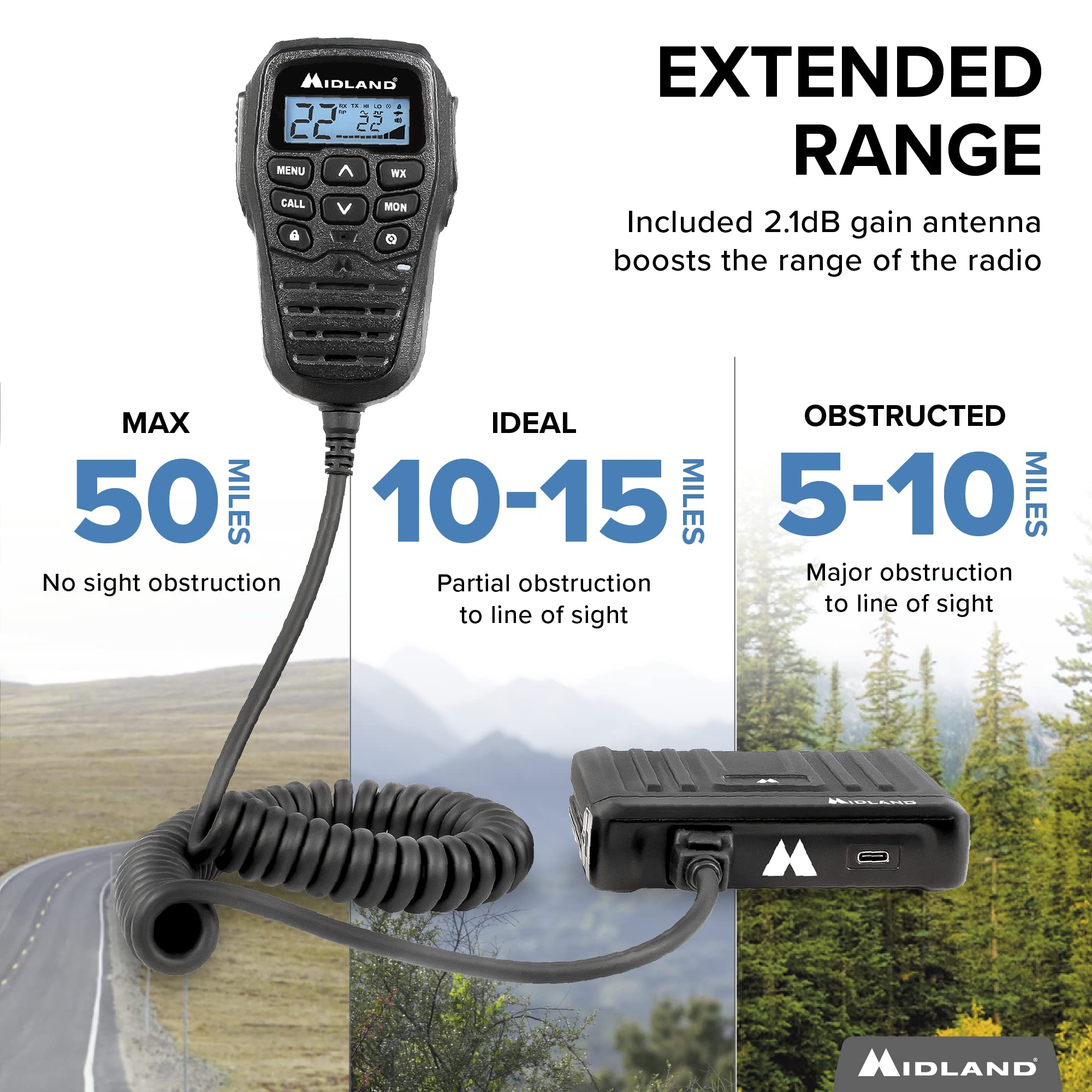 Midland � Mxt275 Micromobile� Gmrs Radio � 15 Watts Two Way Radio With Integrated Control Microphone � Overland Caravanning Tractors � Detachable External Magnetic Mount Antenna   8 Repeater Channels