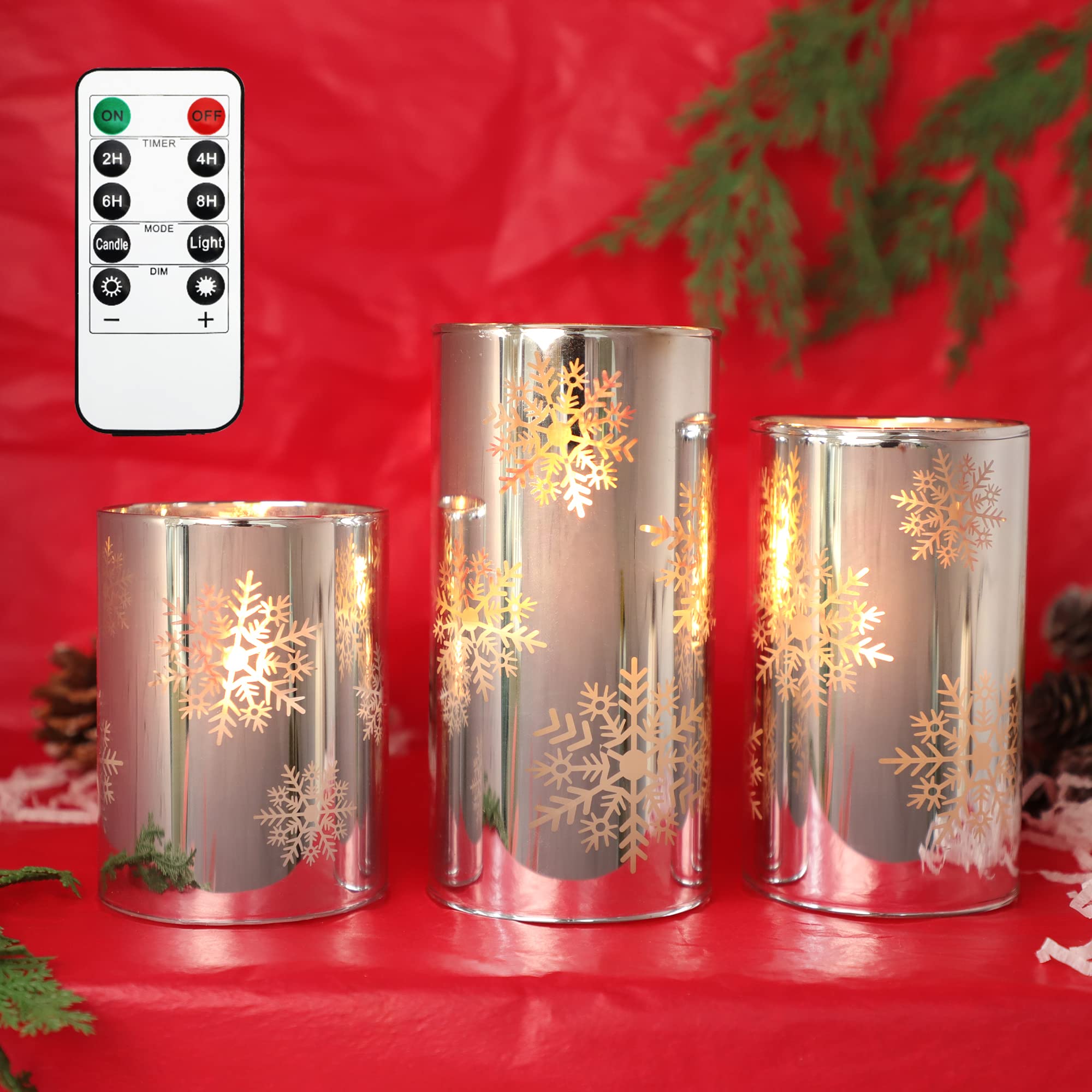 Crystal Club Christmas Flameless Candles With Remote, Set Of 3, Snowflake Plating Battery Operated Led Candles, Glass Effect Pil