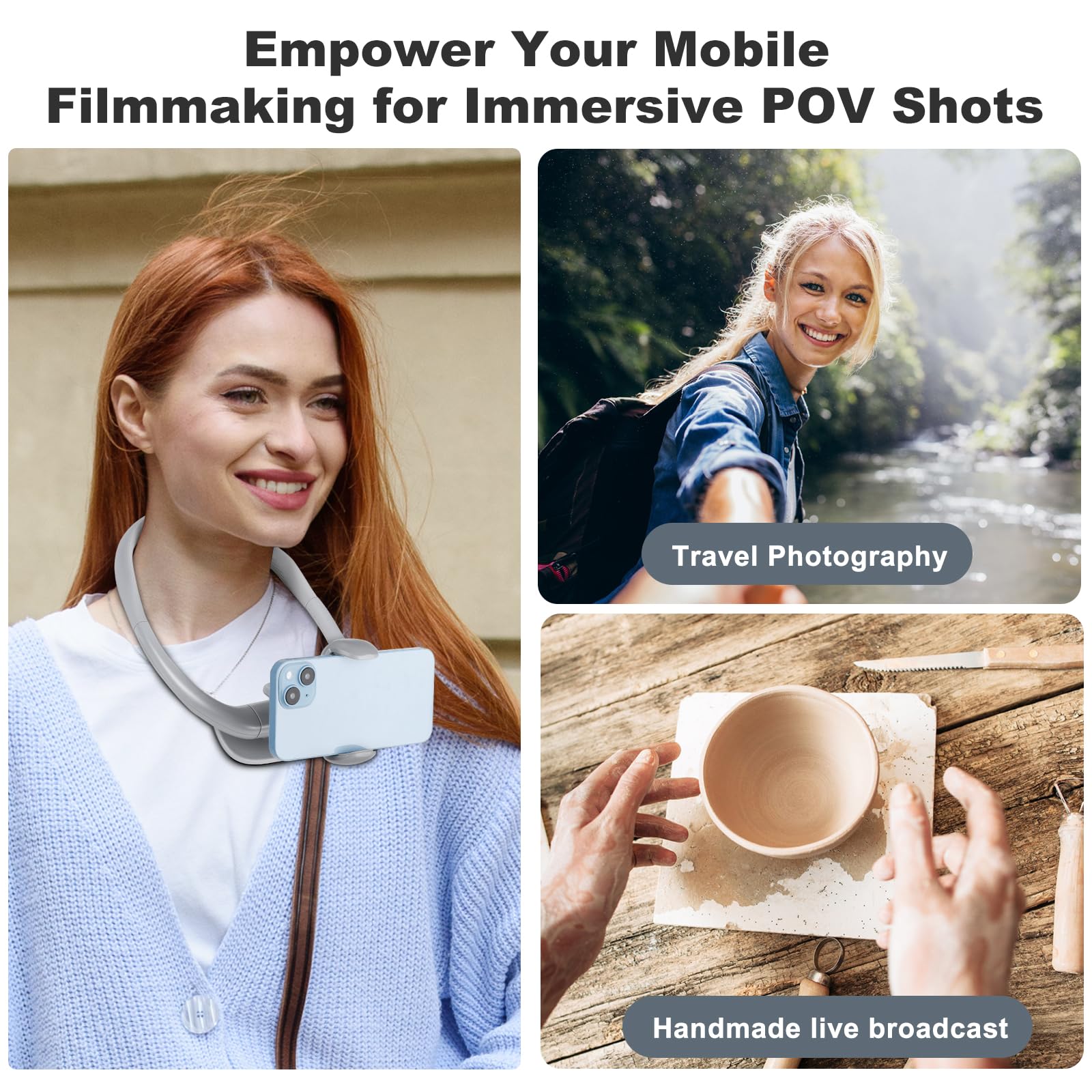 Cell Phone Stand, Neck Cell Phone Holder For Bed, Hand Free Pov/Vlog Selfie Phone Neck Holder For Recording, Universal Multi-Fun