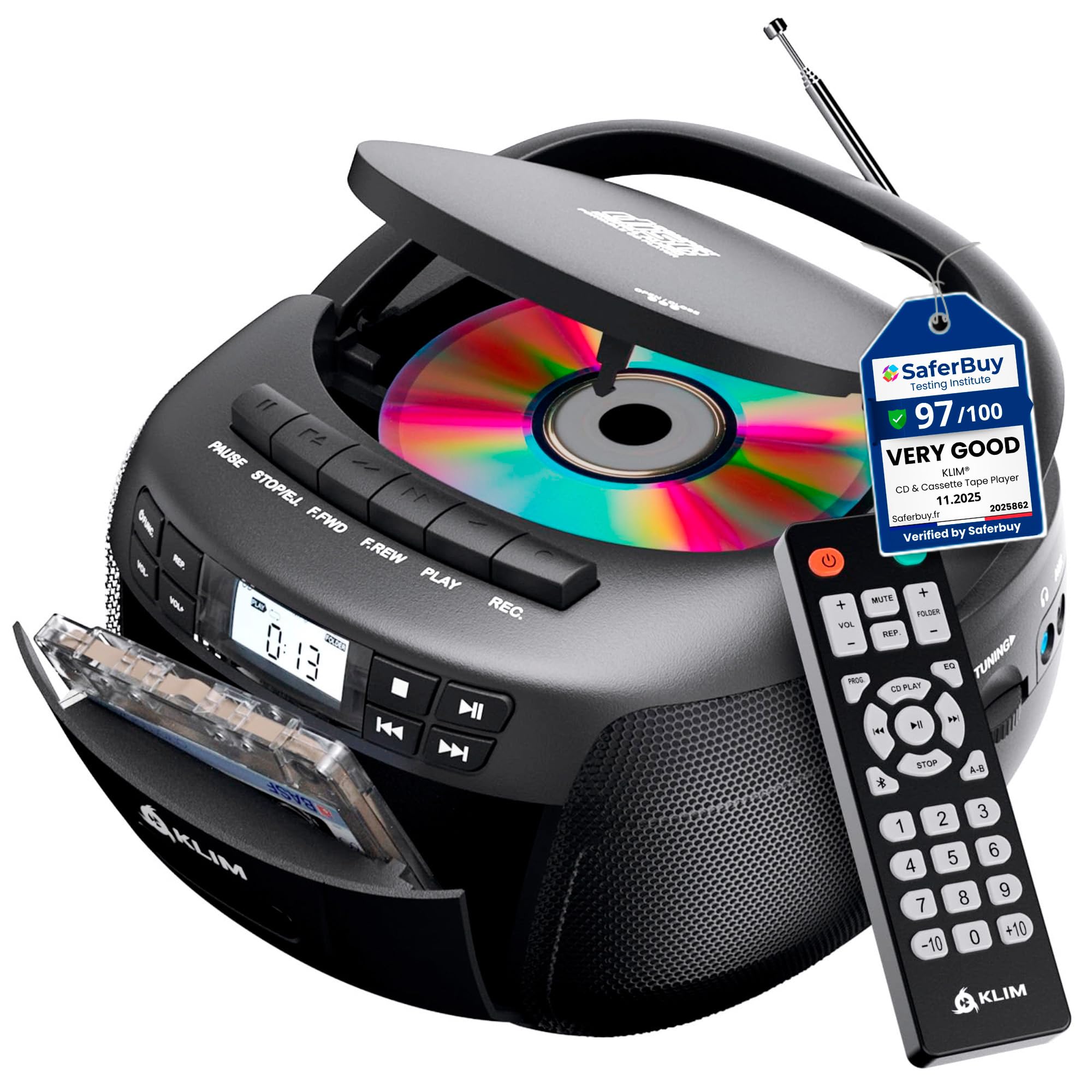 KLIM CD + Cassette Tape Player, Bluetooth CD Boombox, AM/FM Radio, Stereo Sound, Remote, CD and Cassette Player Combo, Tape Reco