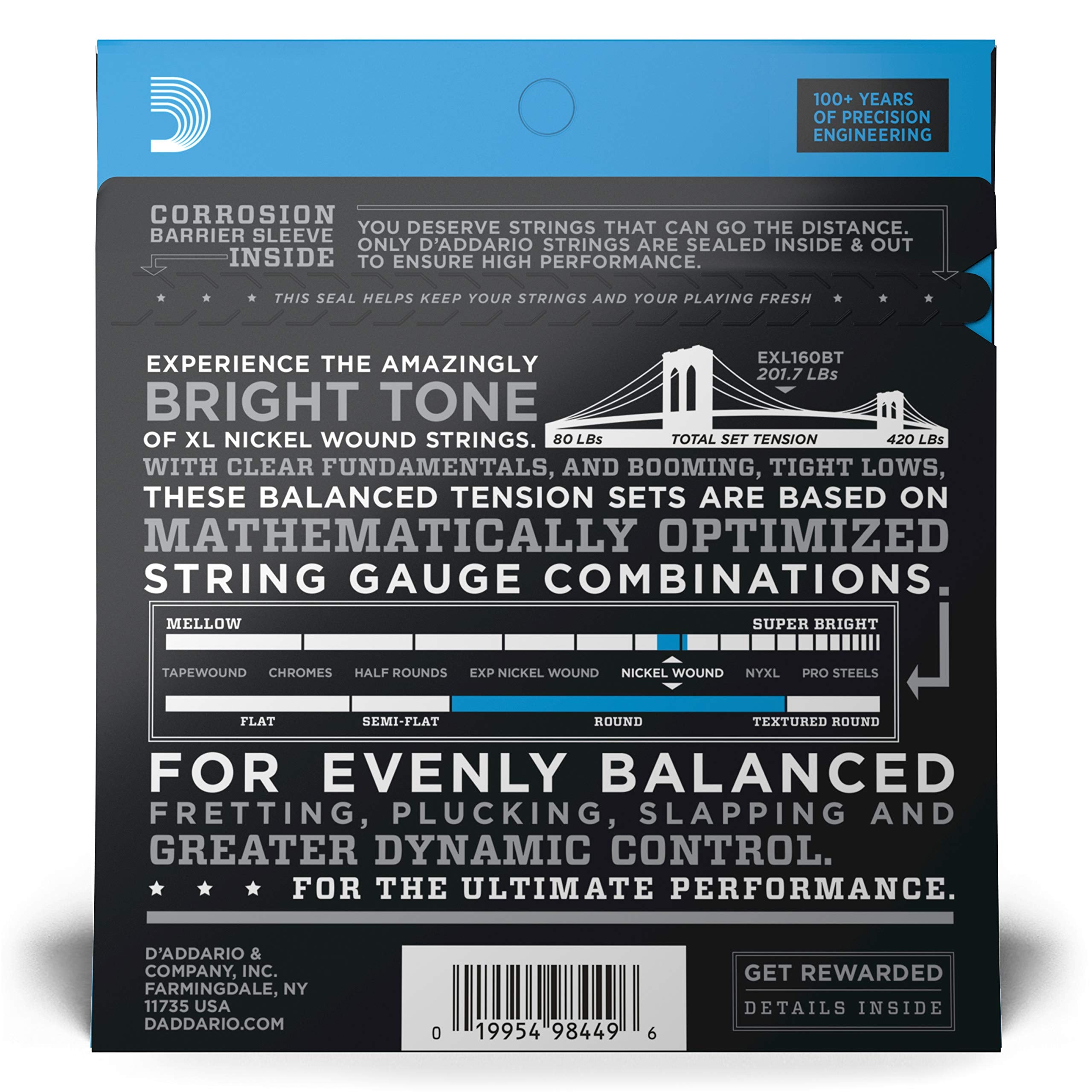 D'Addario Electric Bass Guitar Strings   Exl160Bt 50 120   Nickel Wound Bass Strings   For Bass Guitar 4 String   Balanced Tensi
