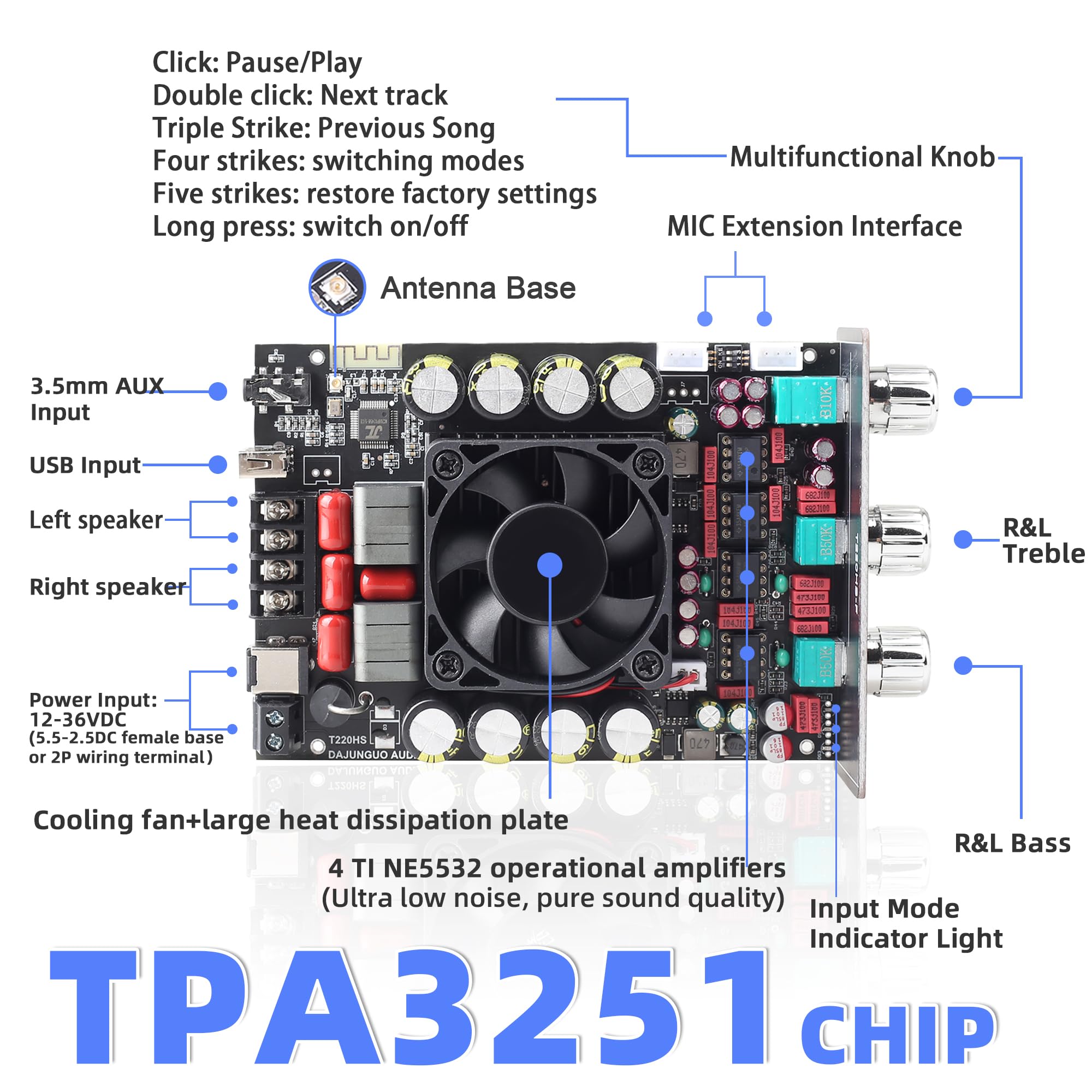 T220Hs Power Amplifier Board With Subwoofer 2.0 Channel 220W  2, 12V 36V Audio Power Amplifier Module With Treble And Bass Contr