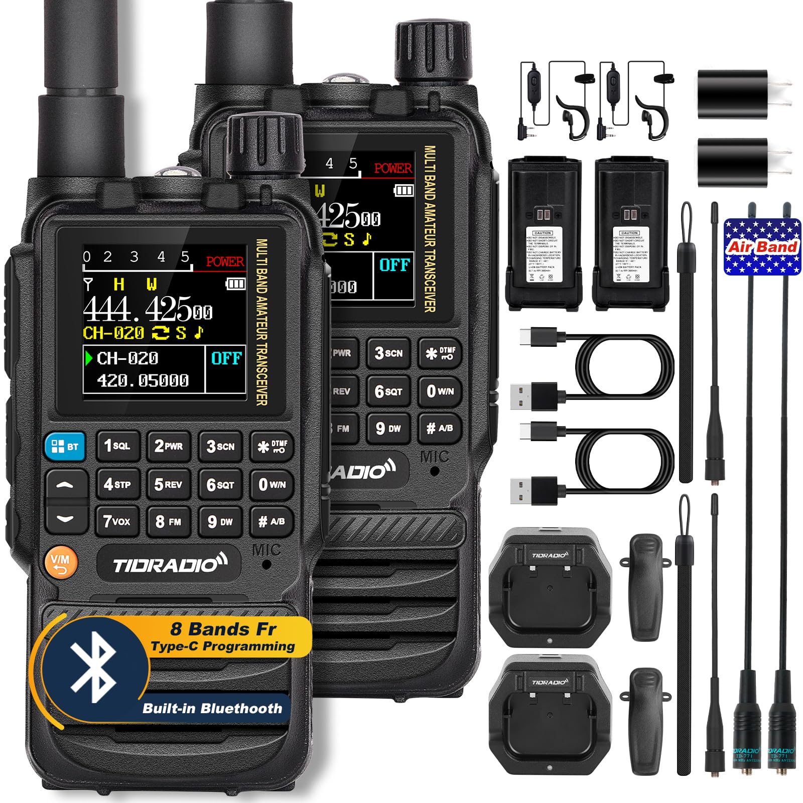 Tidradio Td H3 Gmrs Radio Handheld,Type C & Wireless Programming 8 Band Long Range Walkie Walkies Rechargeable Portable Two Way