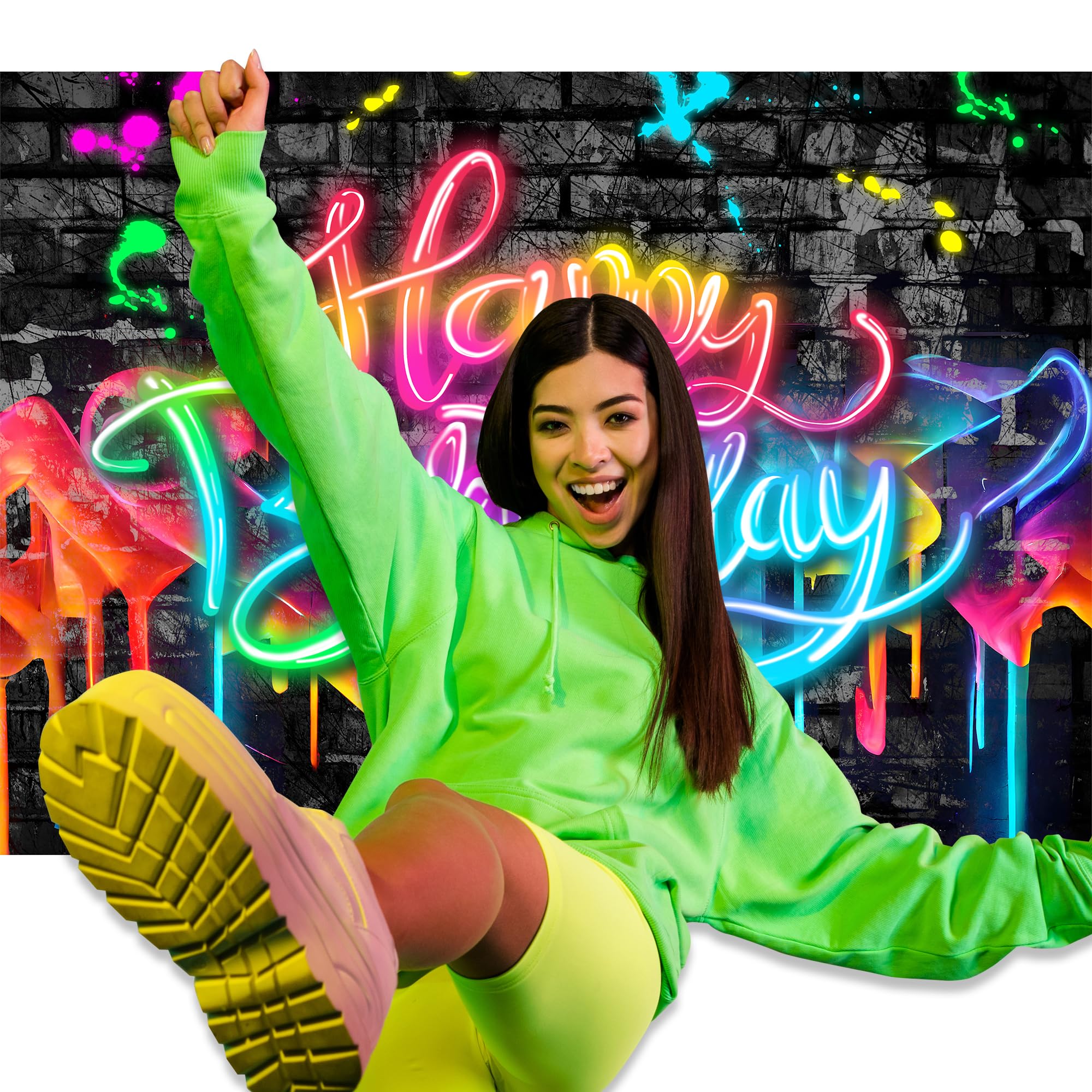 Imirell Neon Happy Birthday Backdrop 7Wx5H Feet Glow In The Dark Brick Wall Funny Graffiti Colorful Painting Splatter Polyester