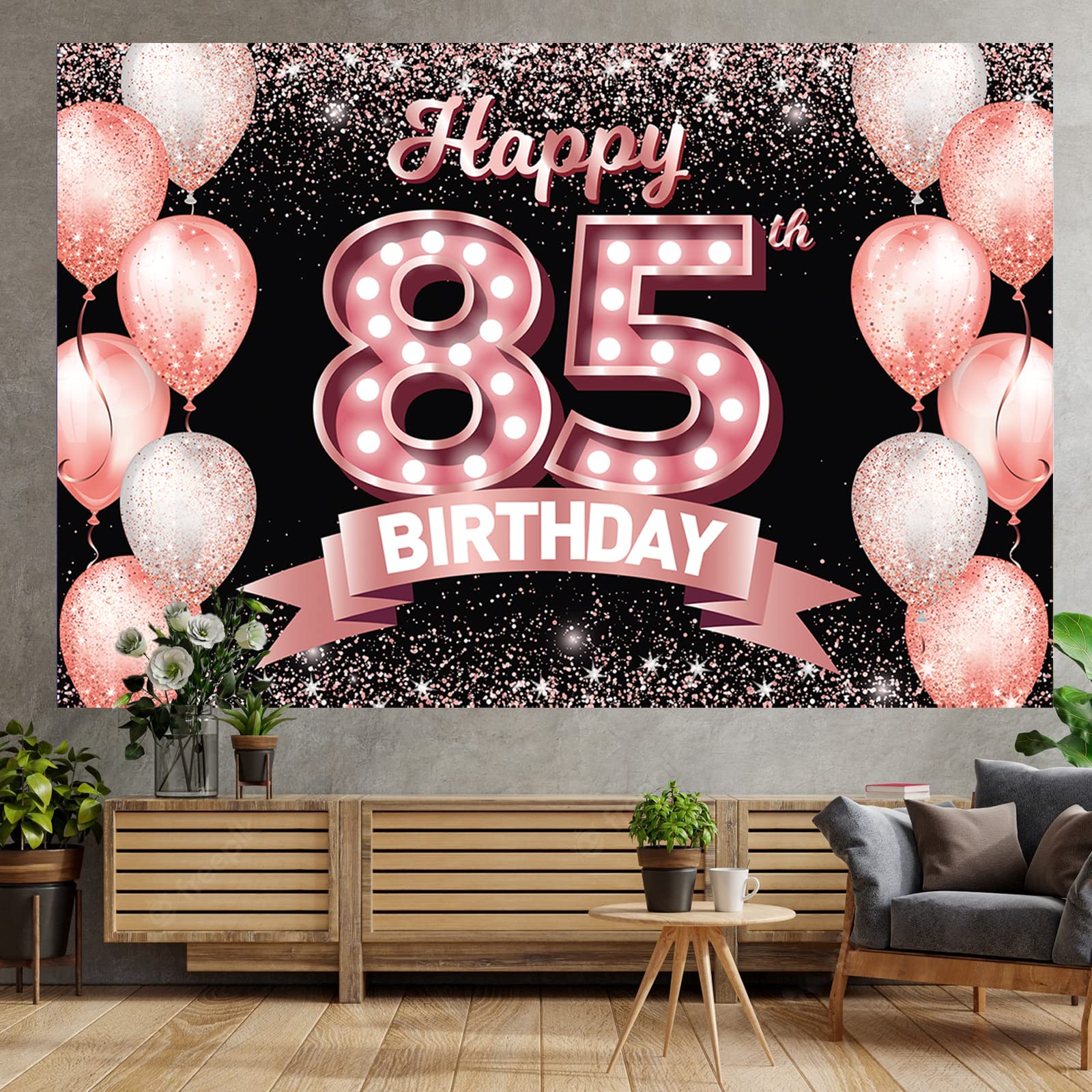 Happy 85Th Birthday Rose Gold Banner Backdrop Cheers To 85 Years Old Confetti Balloons Theme Decor Decorations For Women 85 Year