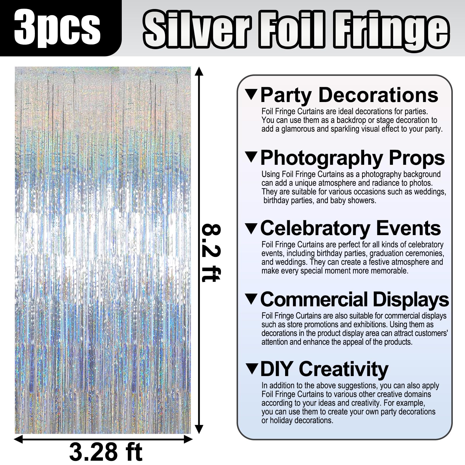 3 Pack Silver Foil Fringe Curtain Backdrop, 3.28Ft X 8.2Ft Metallic Tinsel Foil Fringe Streamer Curtains For Photo Booth, Valent