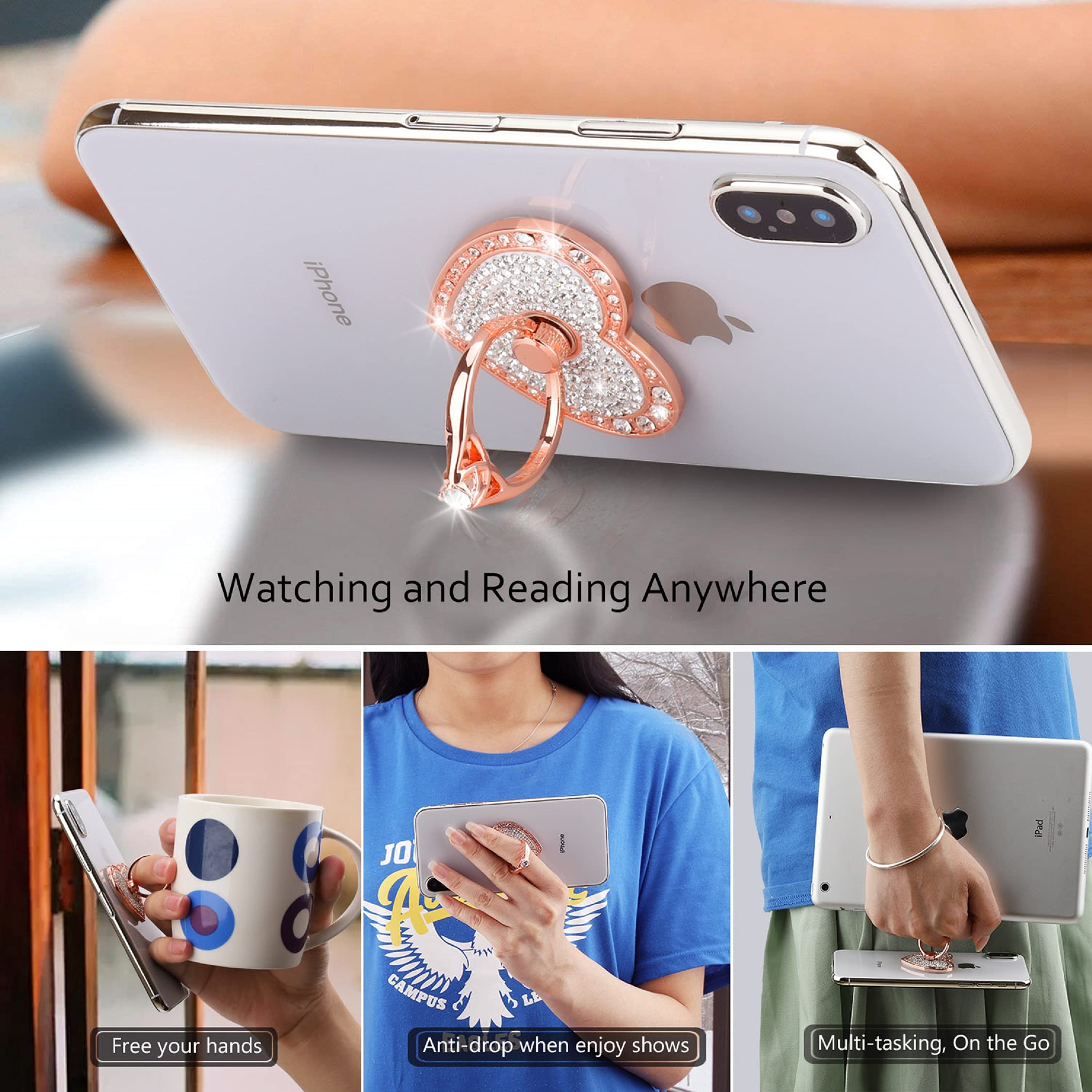 Cell Phone Finger Ring Holder With Blingy Crystals, Nsiucion Heart Love Phone Ring Kickstand [Washable] [Removable], 360Rotation