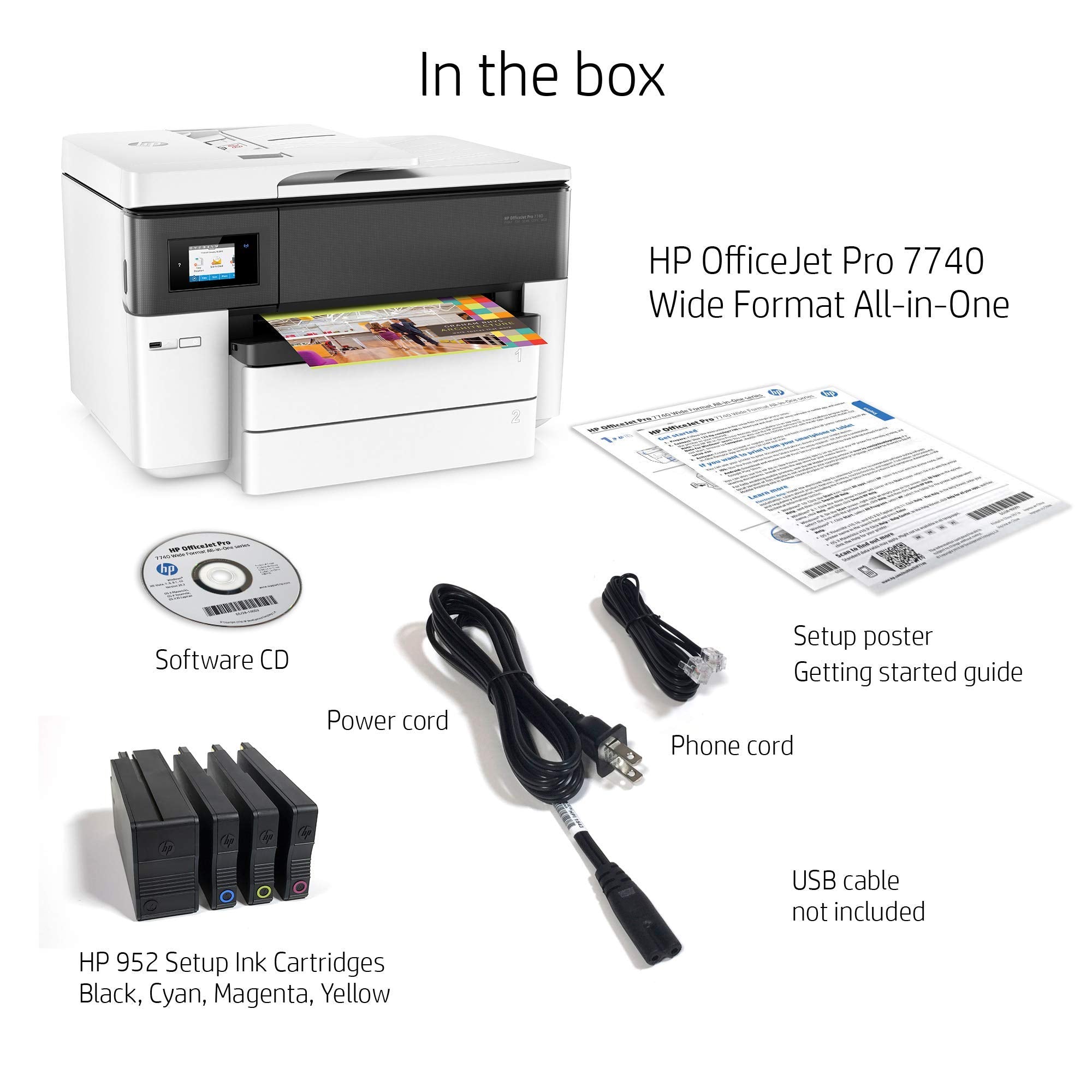 Hp Officejet Pro 7740 Wide Format All-In-One Color Printer With Wireless Printing, Works With Alexa (G5J38A), White/Black