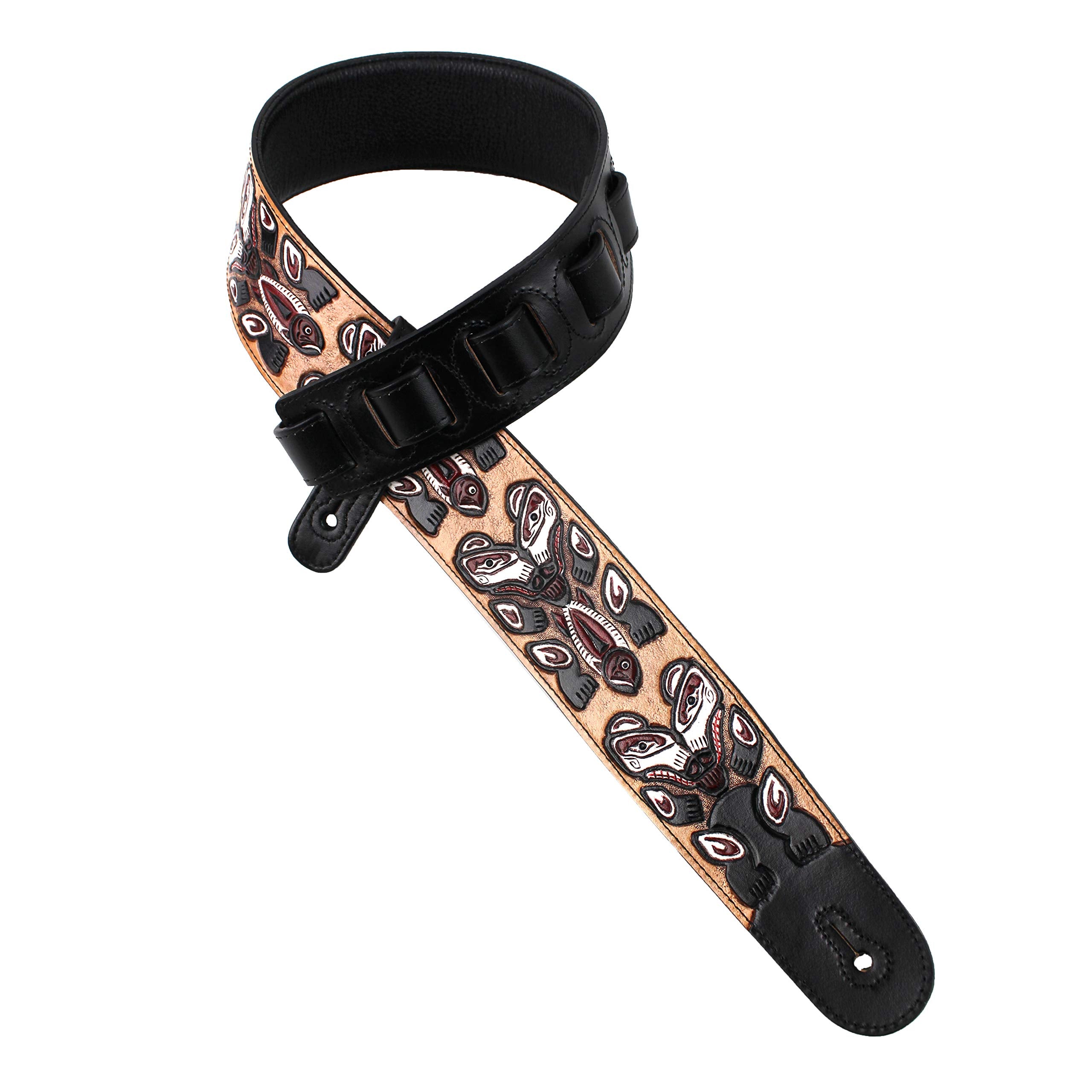 Walker And Williams Lhr 23 Handmade Black Premium Carved Leather Guitar Strap With Bear Totem Carving For Acoustic, Electric, An