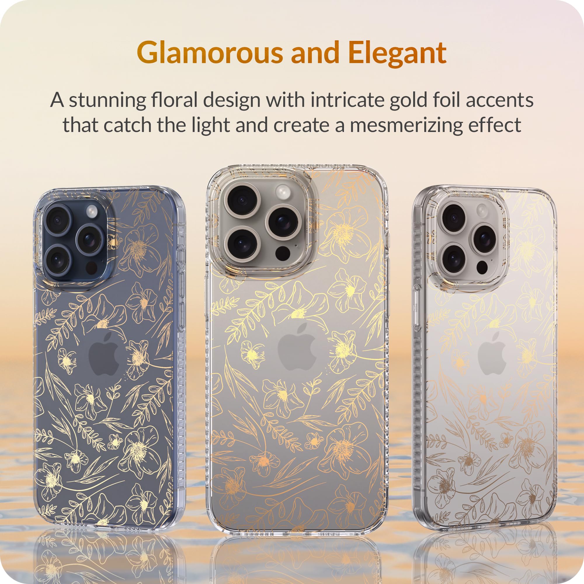 Lonli Hue   For Iphone 15 Pro Max Case   Gold Flower Floral Phone Case With [4 Airbag Cushioned Corners]   Elegant, Unique And A
