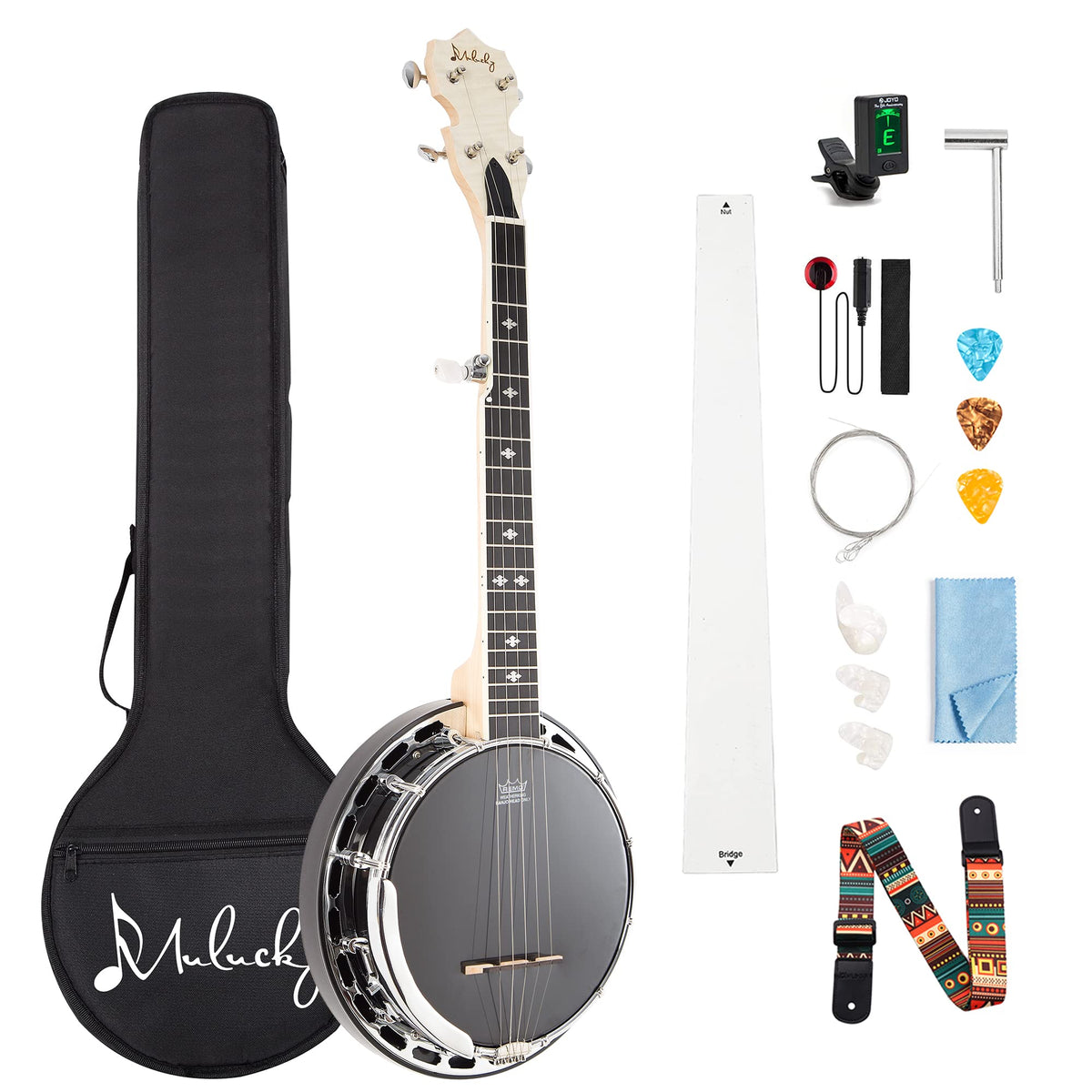 Mulucky 5 String Banjo Mini, 28 Inch Travel Banjo With Remo Head, Resonator And Geared 5Th Tuner, Beginning Kit With Tuner Strap
