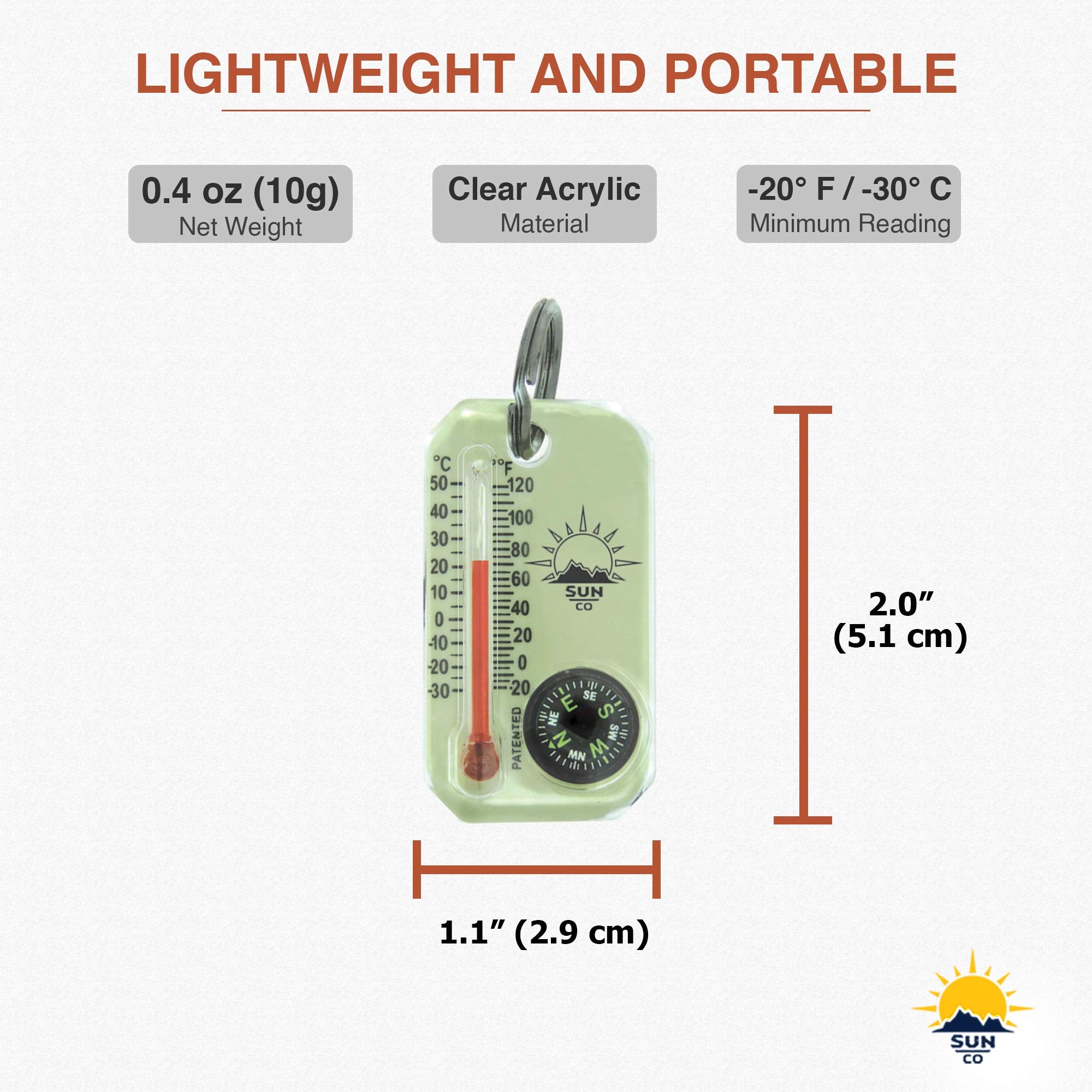 Sun Company Lumagage | Multi Functional Glow In The Dark Zipper Pull Compass & Thermometer With Wind Chill Chart | Ideal For Cam