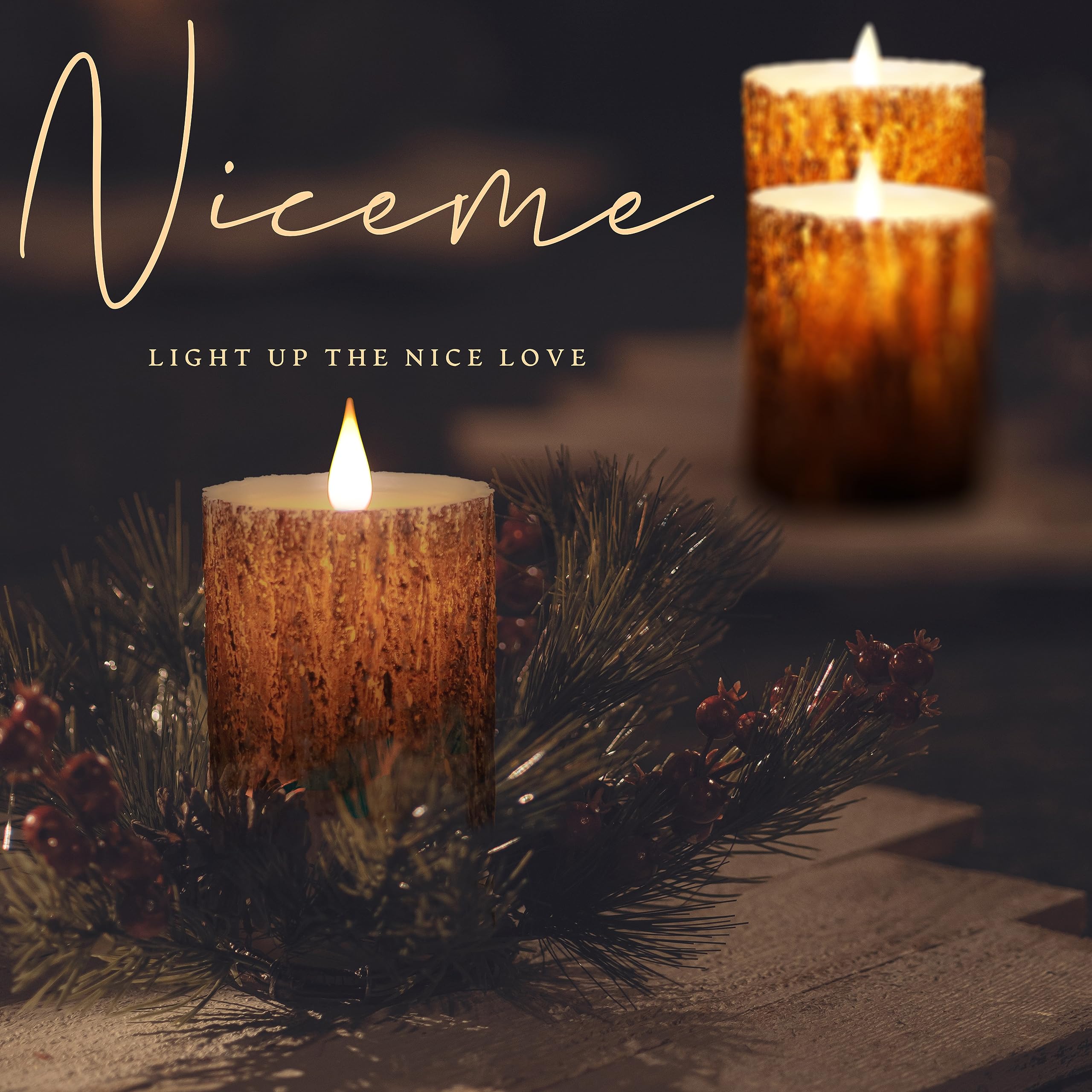 Niceme Led Pine Bark Flameless Candles Set Of 3 Real Wax Battery Operated Candles Flickering Teardrop Wick Electric Decorative P