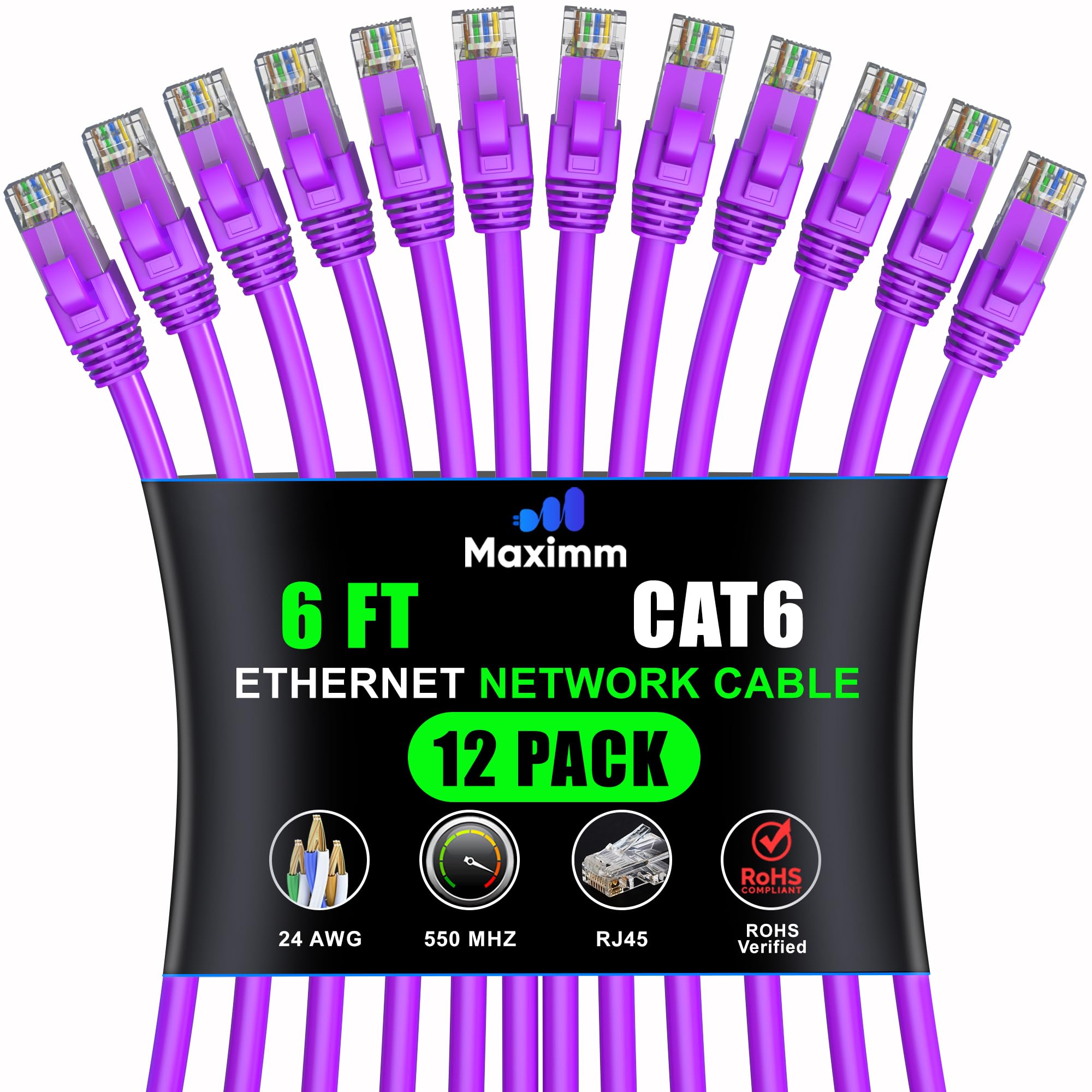 Maximm Cat 6 Ethernet Cable 6 Ft (12 Pack)   High Speed Lan Cable, Internet Cable, Patch Cable, And Network Cable   Utp, 10Gbps, 550Mhz Ethernet Cord   Purple