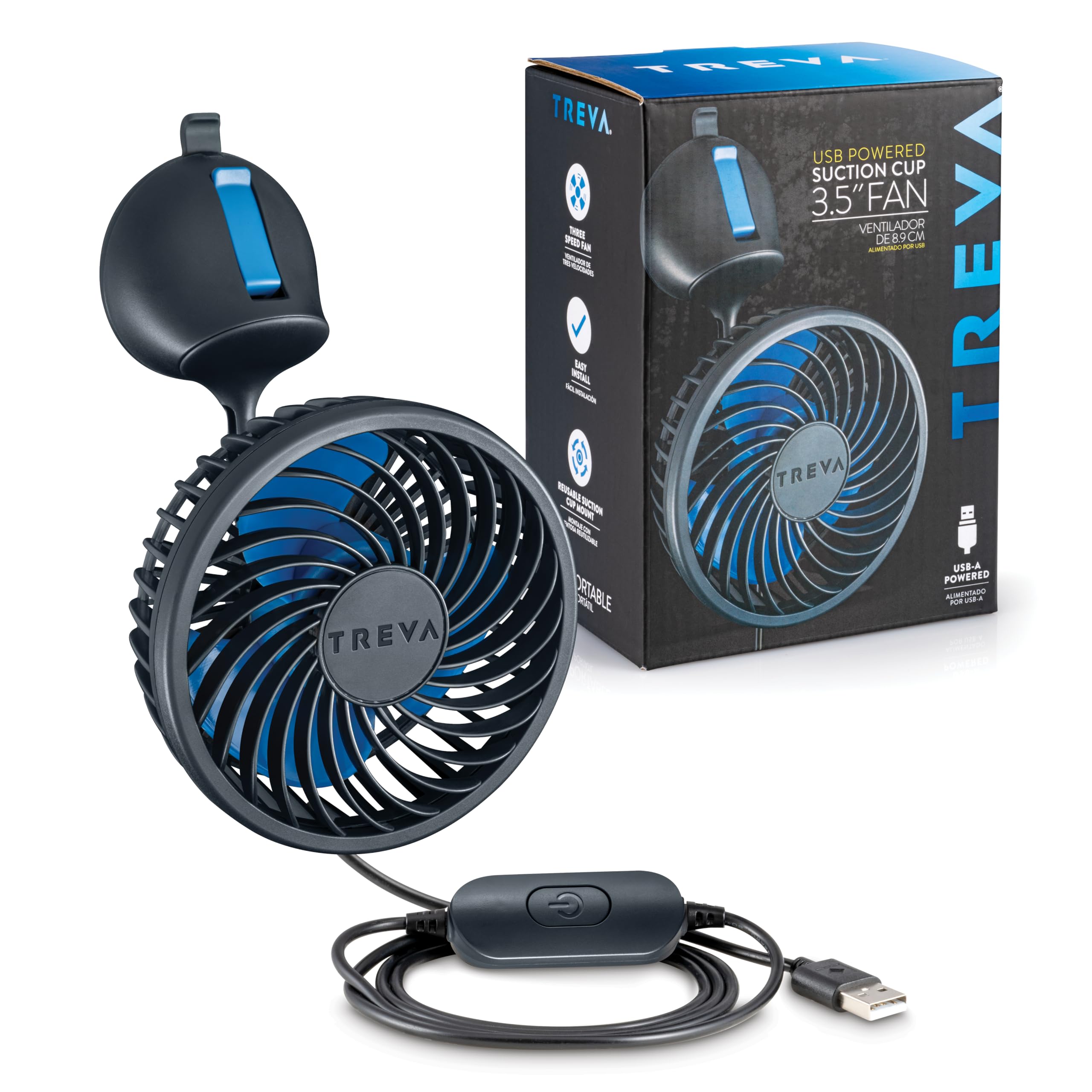 Treva 3.5 Inch Usb Powered Fan With Suction Cup, 3 Speed Attachable Fan With Rotating Head For Car, Camping, Travel, Bedroom, Mu