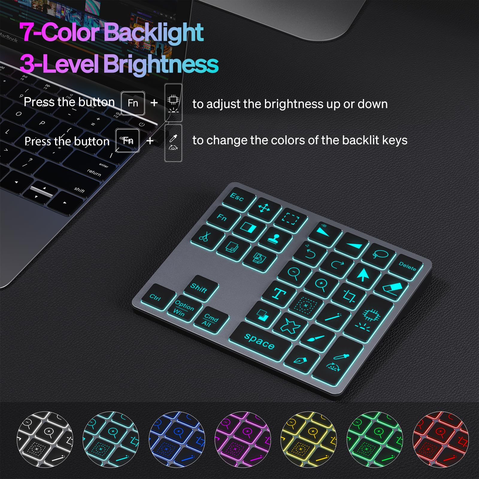 Doohoeek Bluetooth Shortcut Keyboard for Adobe Photoshop - Rechargeable, 7-Color Backlit Keypad for Mac & PC