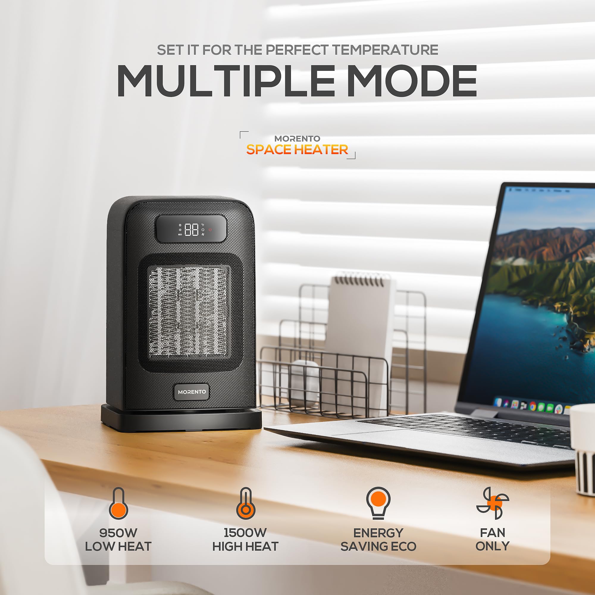 Morento Space Heaters For Indoor Use, 1500W Electric Heater, Desk Heater With Heating And Fan Modes In Office With Thermostat, S