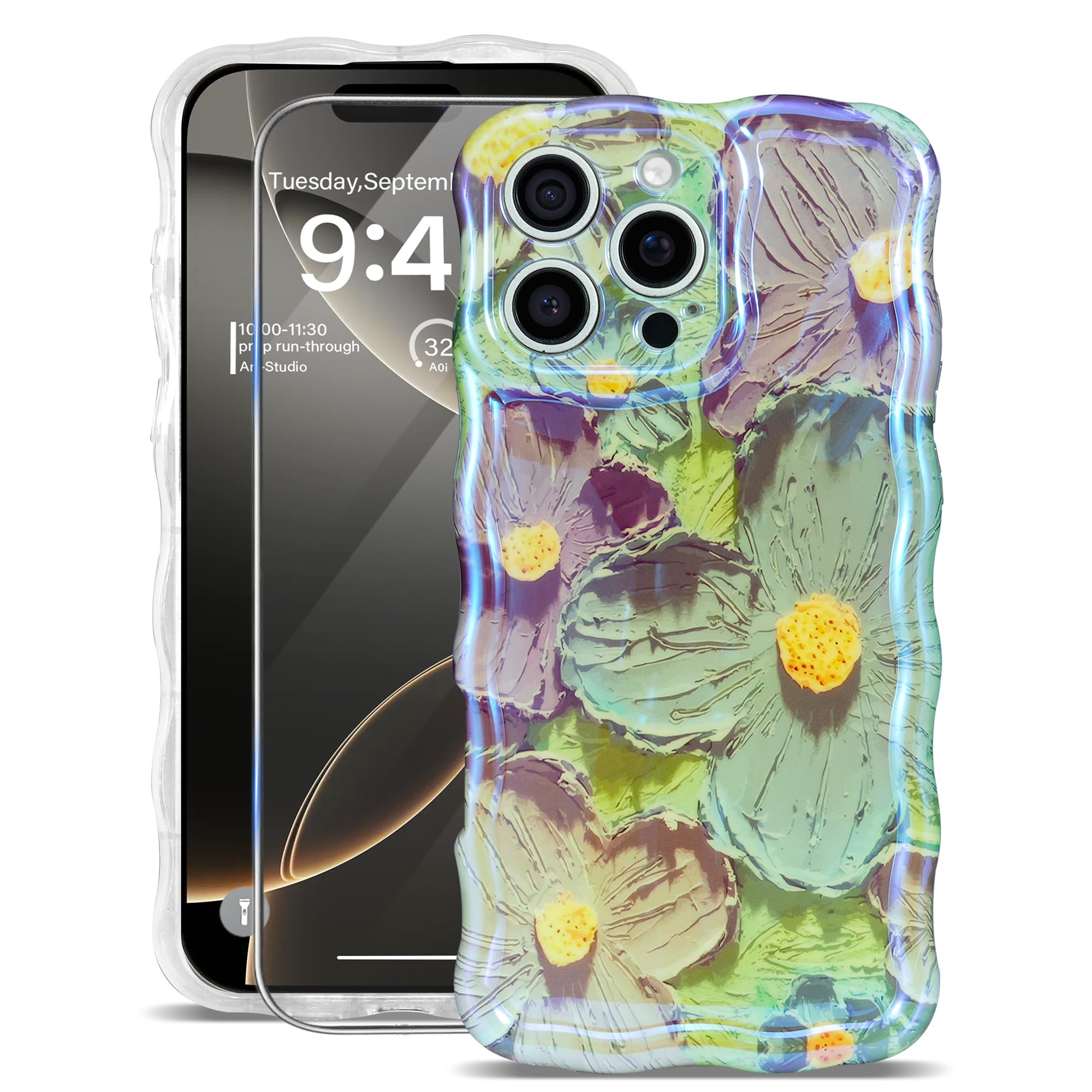 Sheheme For Iphone 15 Pro Case [With 9H Screen Protectors] Wave Bumper Colorful Oil Painting Flowers Print Blue Glossy Soft Tpu