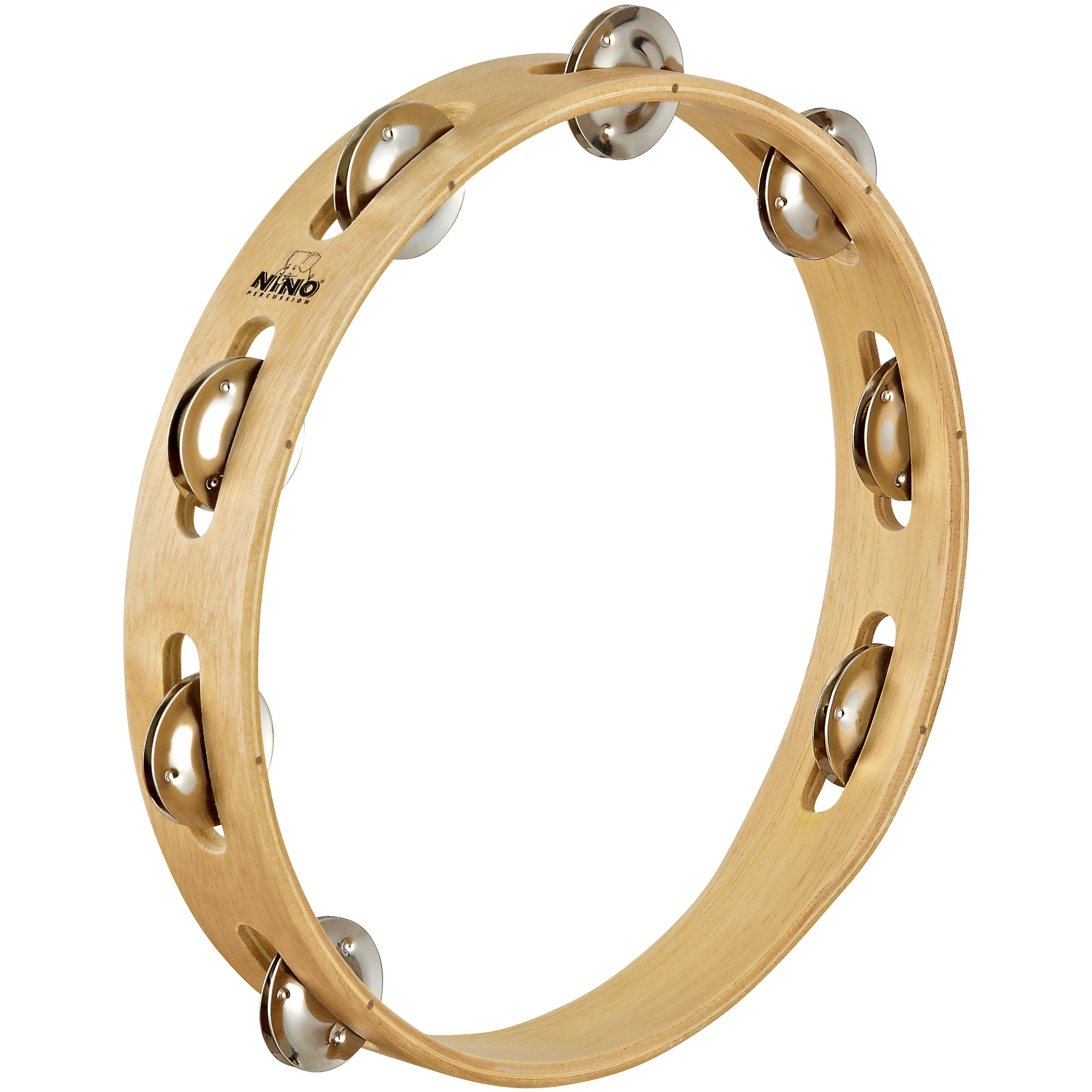 Nino Percussion NINO14 10Inch Wood Tambourine with Steel Jingles 1 Row Natural Finish