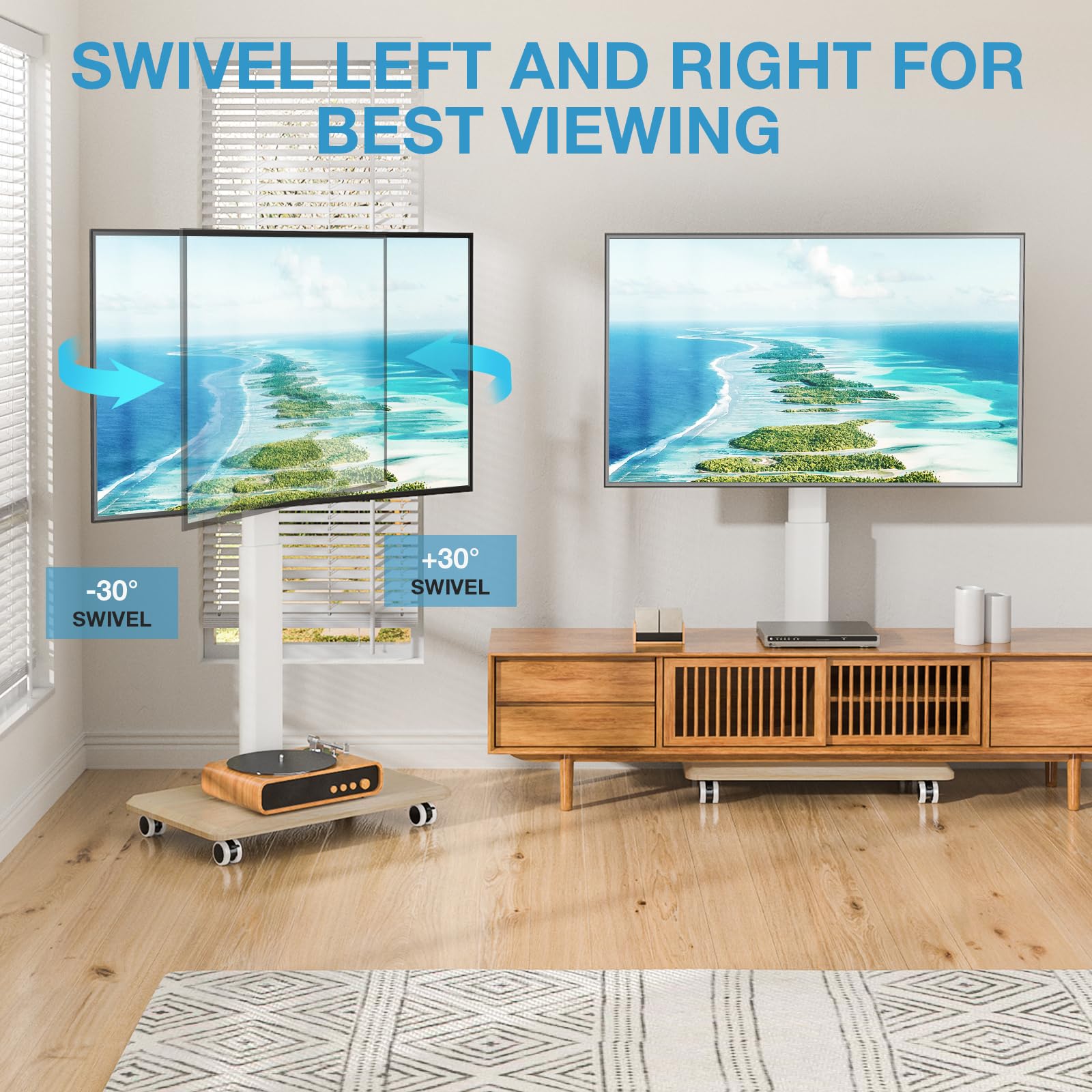 Yomt Floor Tv Stand With Mount For 32-70 Inch Flat Screen/Curved Tvs, Swivel Rolling Height Adjustable Portable Tv Stand On Whee