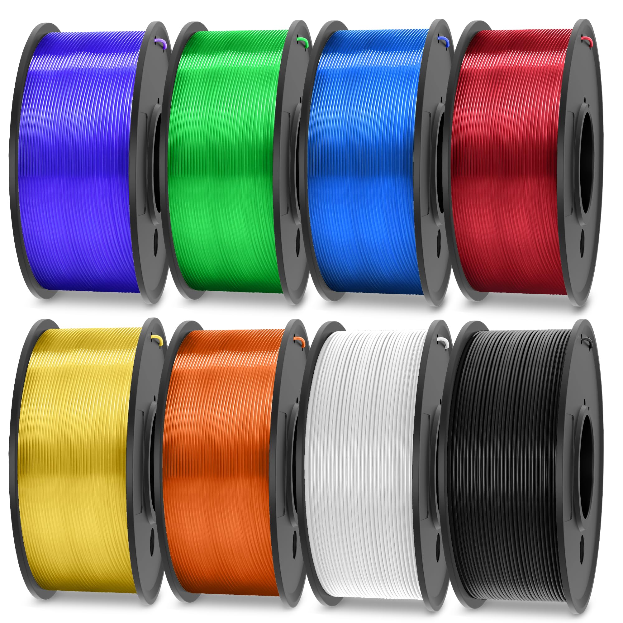 TECBEARS Translucent PLA 3D Printer Filament, PLA Filament Bundle, 0.25kg Each Spool, Total 2kg, 8 Packs, Black+White+Transparen