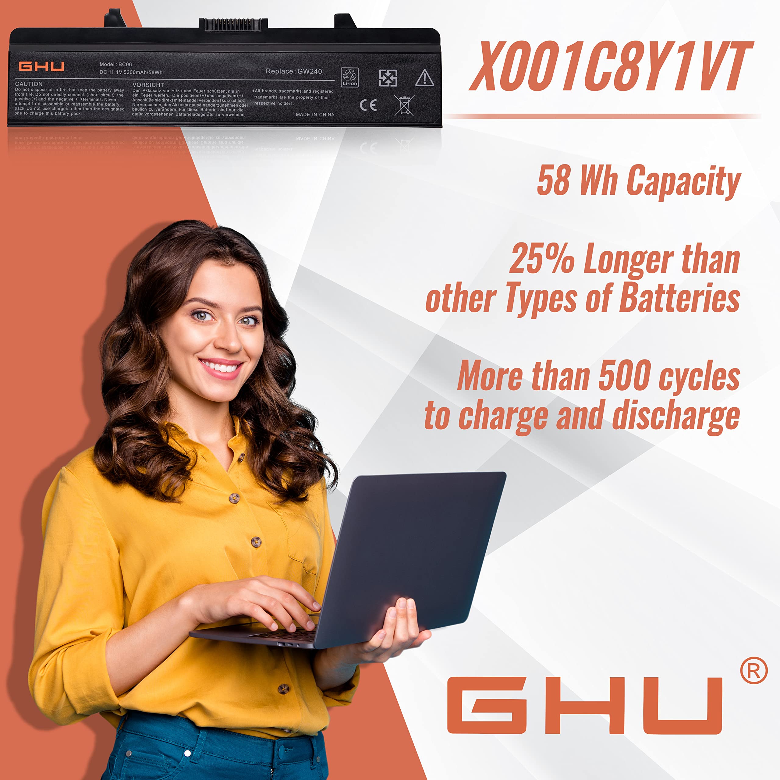 Ghu New Battery X284G Gw240 58 Wh Compatible With Dell Inspiron Computer 1525 1526 1545 1546 Pp29L Pp41L Pn Xr693 Gp952 Ru586 Rn