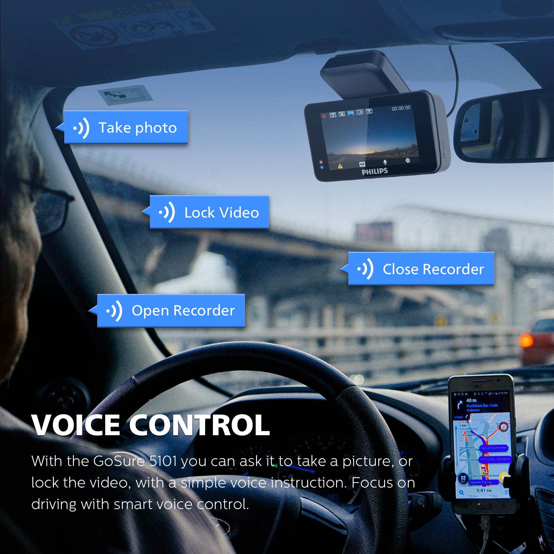 Philips Dash Cam With Front & Rear Car Camera, Wide Angle, 3'' Screen Dashcam For Cars, Built In Wifi, G Sensor, Night Vision, S