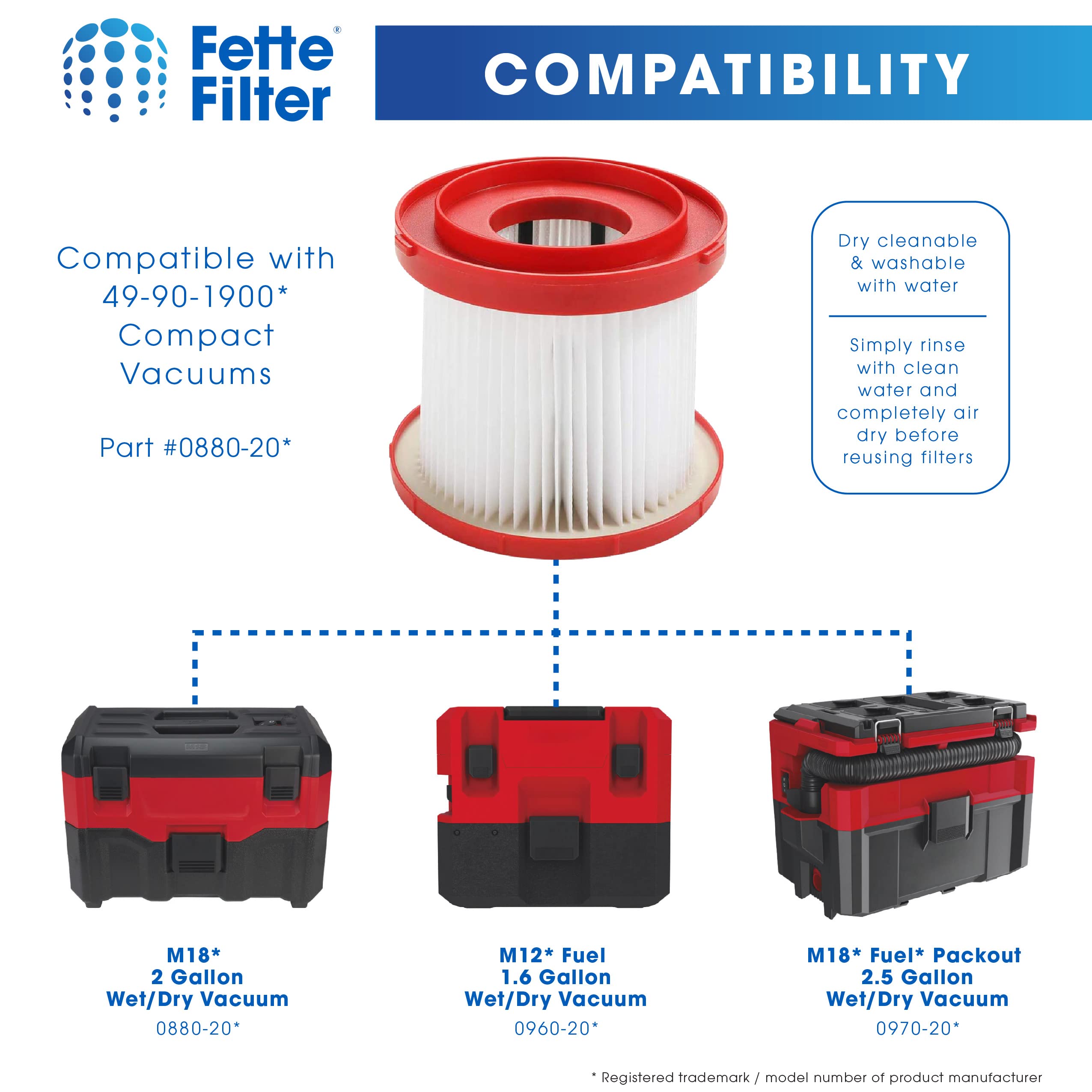 Fette Filter  Hepa Wet Dry Vacuum Filter Compatible With Milwaukee 49 90 1900 For Gallon Wet/Dry Vacuum M18 2 Gallon (0880 20),
