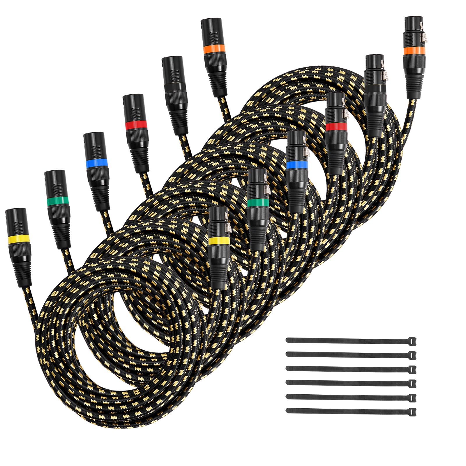 VEVOR XLR Cable 25 ft, 6 Pack, Shielded Balanced DMX Male to Female Microphone Cables, Gold-Plated 3-Pin XLR Mic Speaker Cord Wi