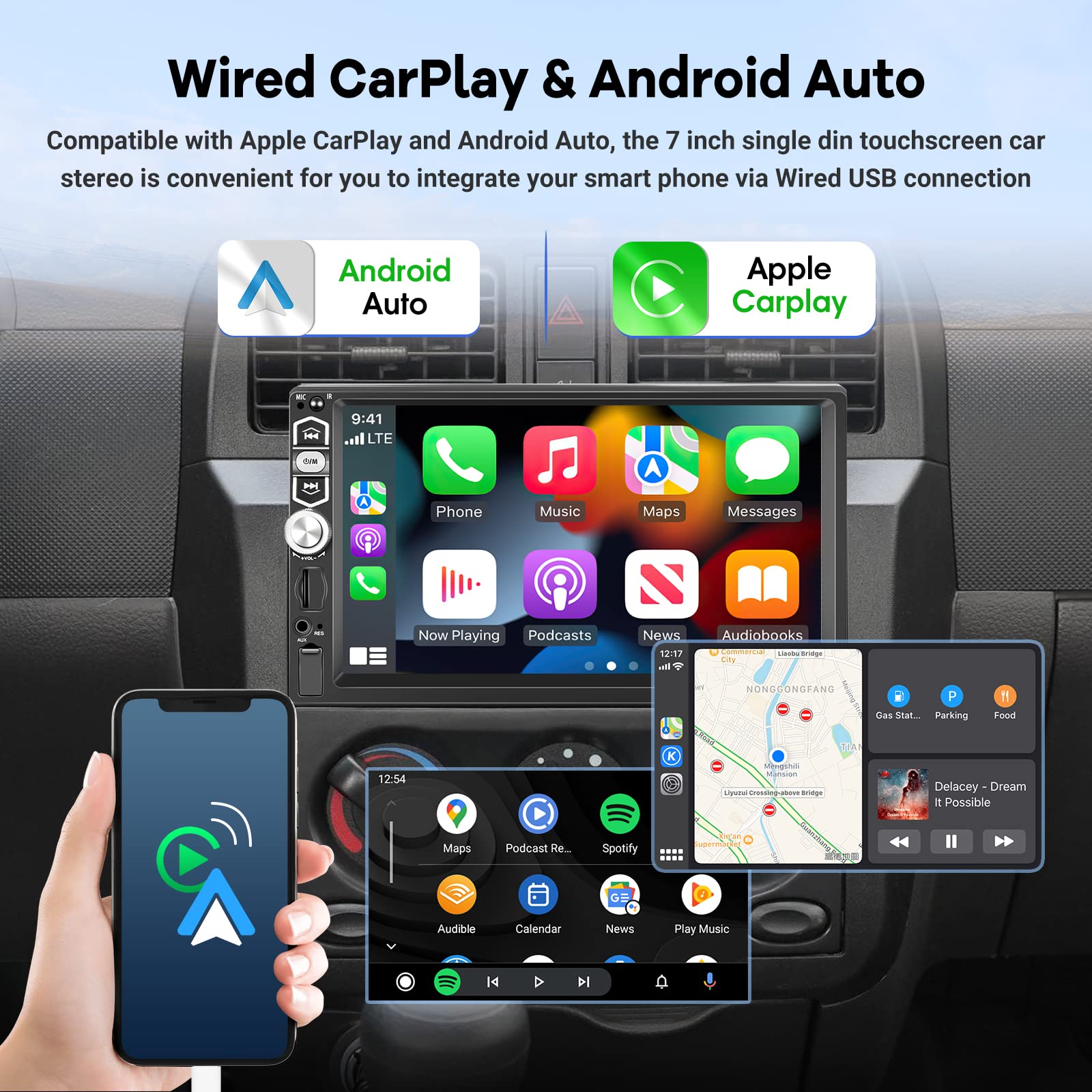 Single Din Car Stereo With Wired Carplay & Android Auto, 7 Inch Touch Screen 1 Din Radio, Mirror Link/1080P/Bluetooth/Swc/Fm Rad