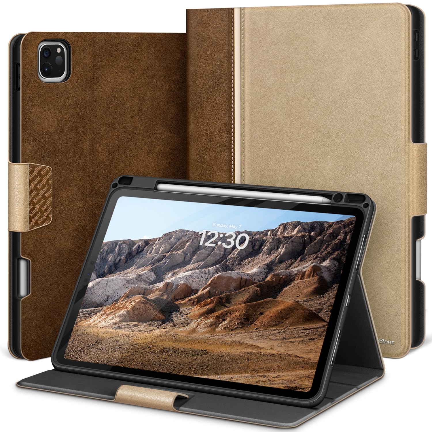 Kingblanc Case For Ipad Pro 11 Inch Case 4Th/3Rd/2Nd Generation (2022/2021/2020) With Pencil Holder, Vegan Leather Bicolor Cover
