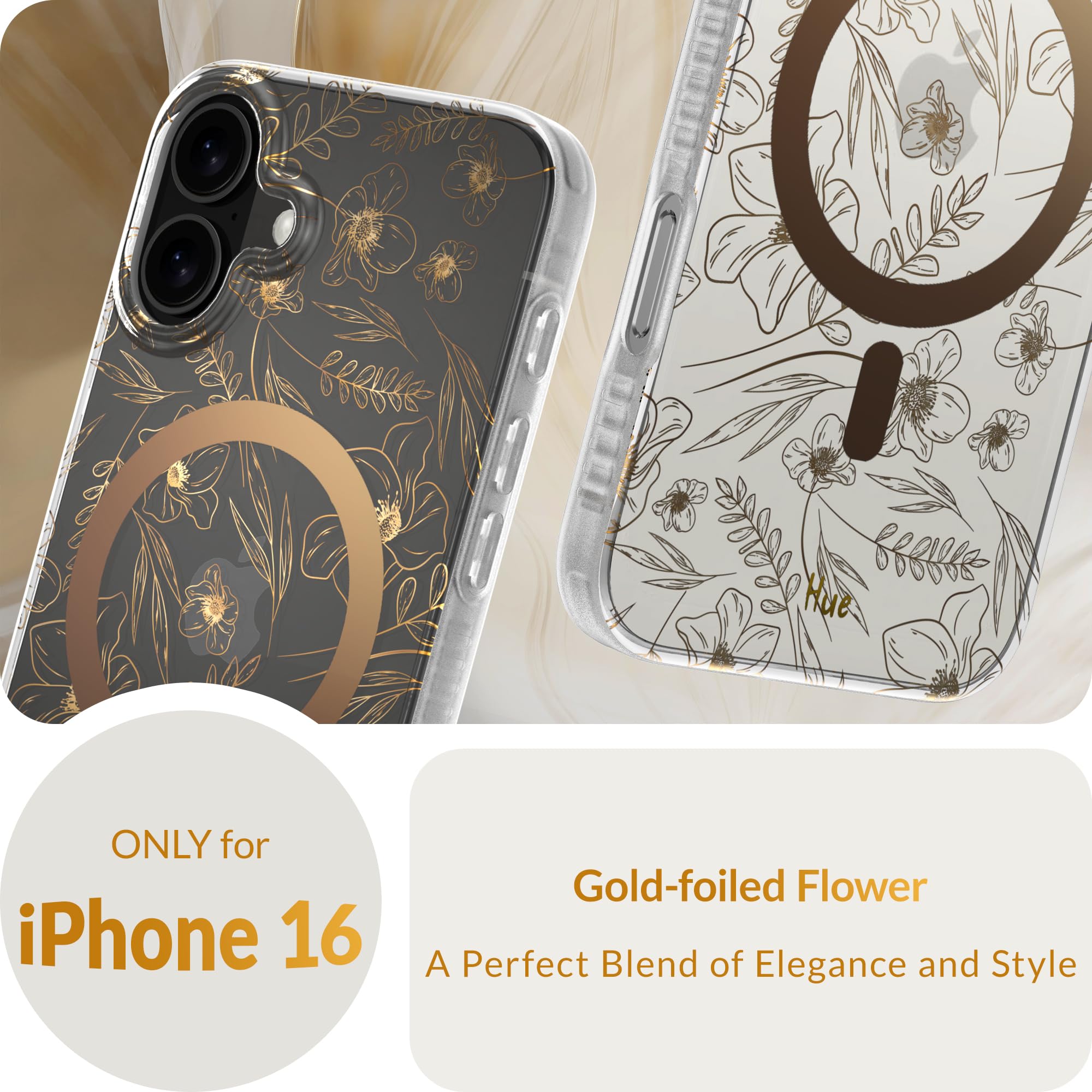 Lonli Hue   For Iphone 16 Case [Compatible With Magsafe]   Gold Floral Phone Case   [360 Shock Absorbent Bumper]   Cute, Unique