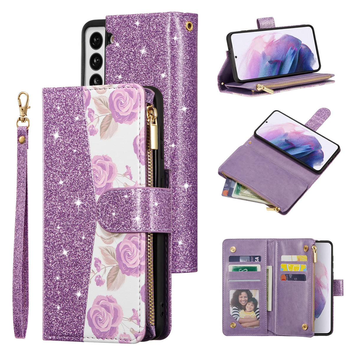Ueebai Wallet Case For Samsung Galaxy S21 5G, Glitter Pu Leather Magnetic Closure Handbag Zipper Pocket Case Kickstand Card Hold
