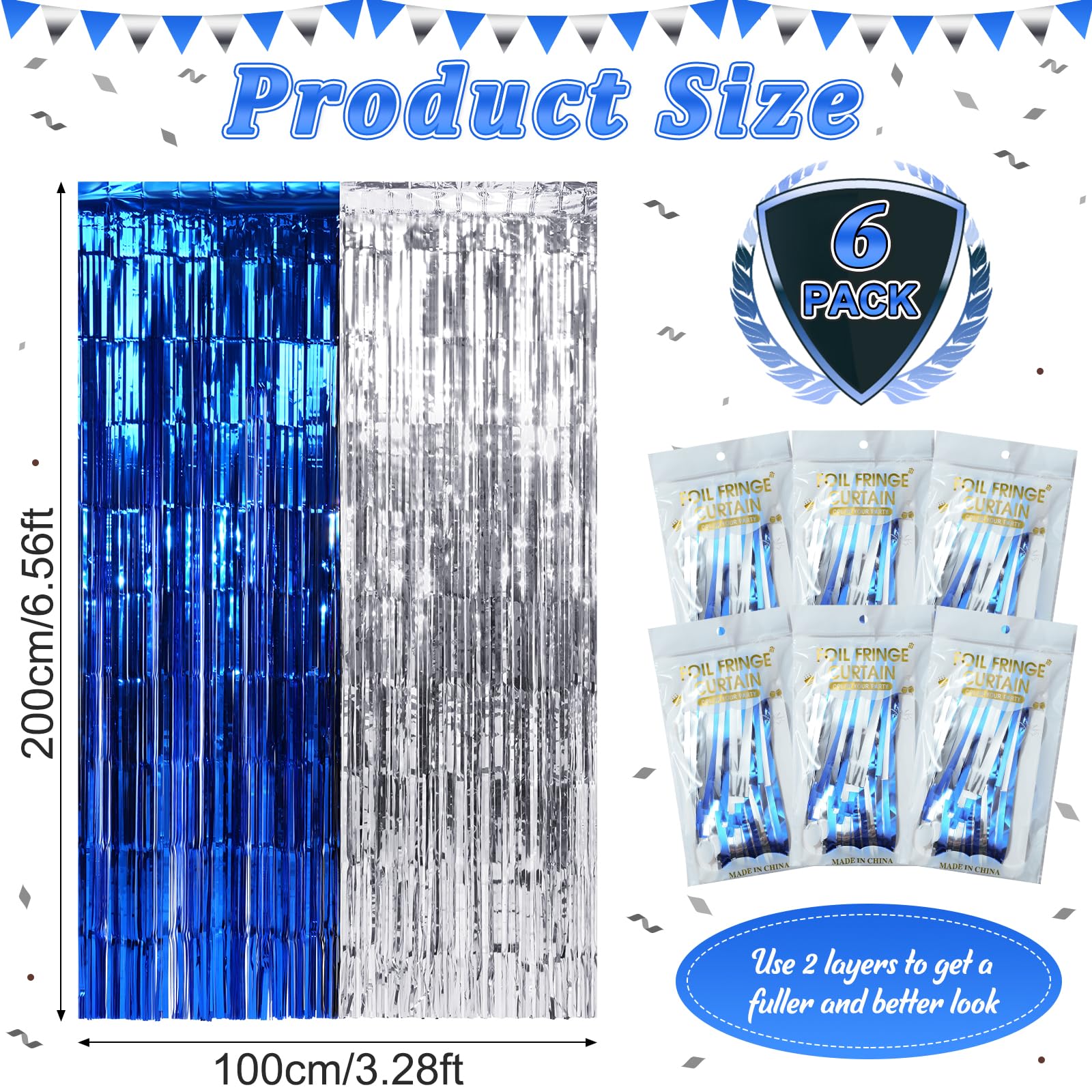 6Pack 3.3Ft X 6.6Ft Graduation Foil Fringe Curtain Backdrop Decorations, Blue Silver Metallic Tinsel Foil Streamers Curtain Phot