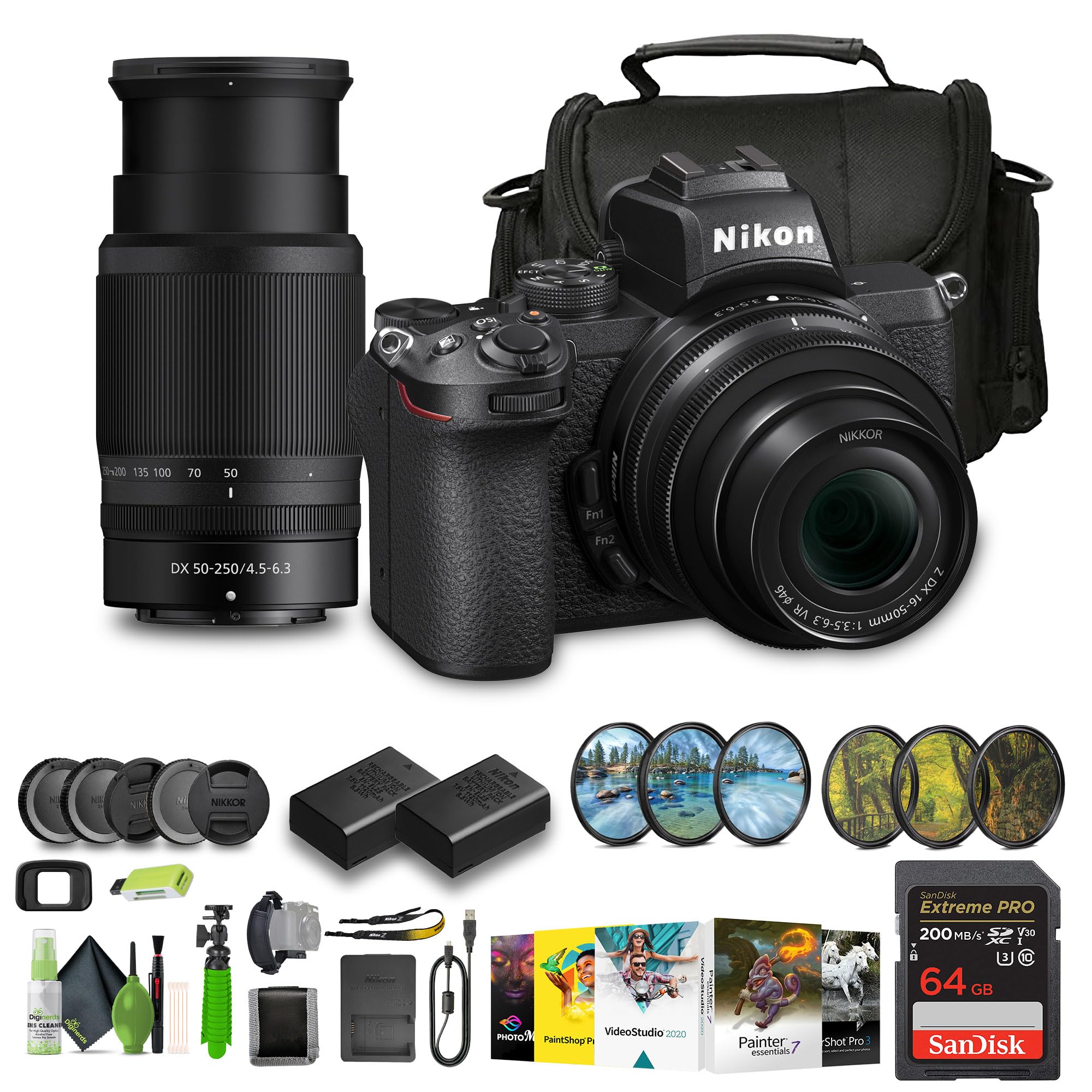 Nikon Z50 Compact Lightweight Mirrorless Camera with 16-50mm and 50-250mm Lenses + ENEL25 Replacement Battery + Extreme PRO 64GB