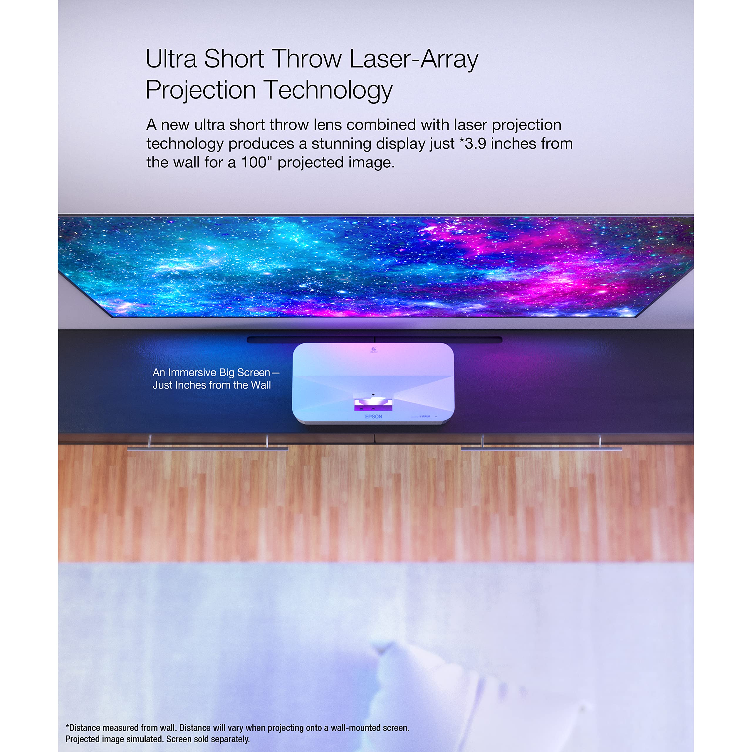 Epson Epiqvision Ultra Ls800 Ultra Short Throw 3 Chip 3Lcd Smart Streaming Laser Projector, 4,000 Lumens, 4K Pro Uhd, Hdr, 150', Android Tv, 2.1Ch Yamaha Built In Speakers   White