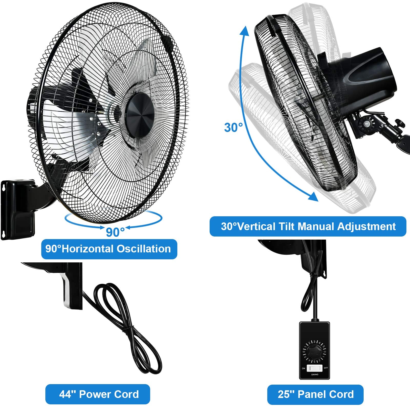 Simple Deluxe 18 Inch Household Commercial Wall Mount Fan 90 Degree Horizontal Oscillation, 5 Speed Settings 1 Pack,Black