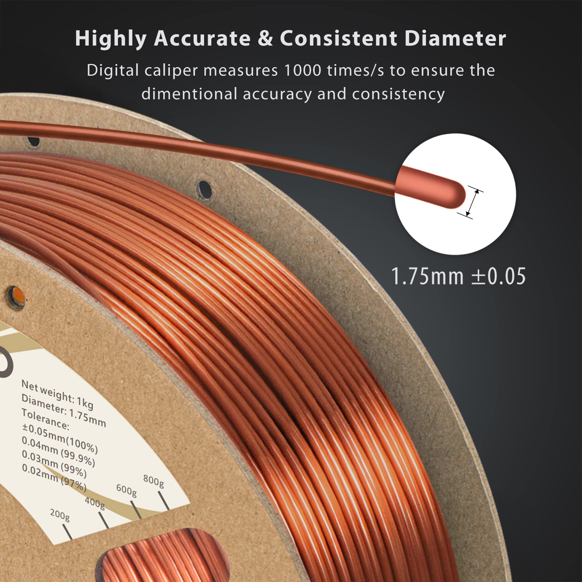 Duramic 3D Shiny Silk Pla Filament 1.75Mm Shiny Metallic Pla Filament Dimensional Accuracy +/- 0.05 Mm Copper