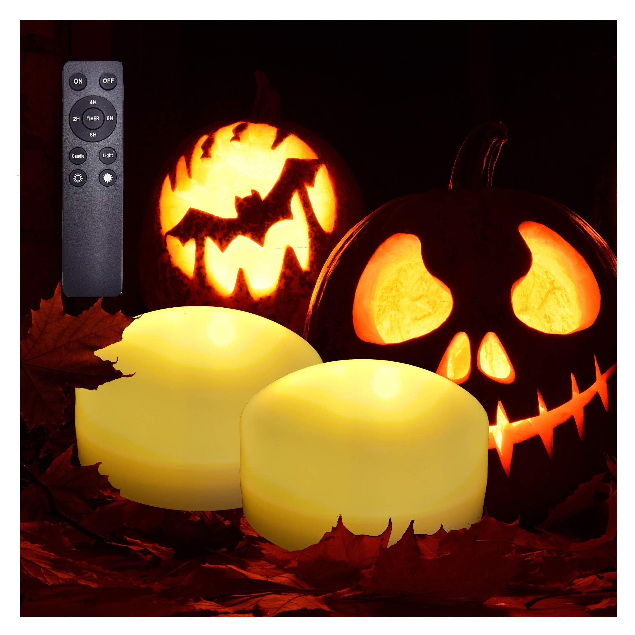 2 Pack Halloween Pumpkin Lights With Remote And Timer Big Battery Operated Led Decorative Bright Flickering Flameless Candle Set