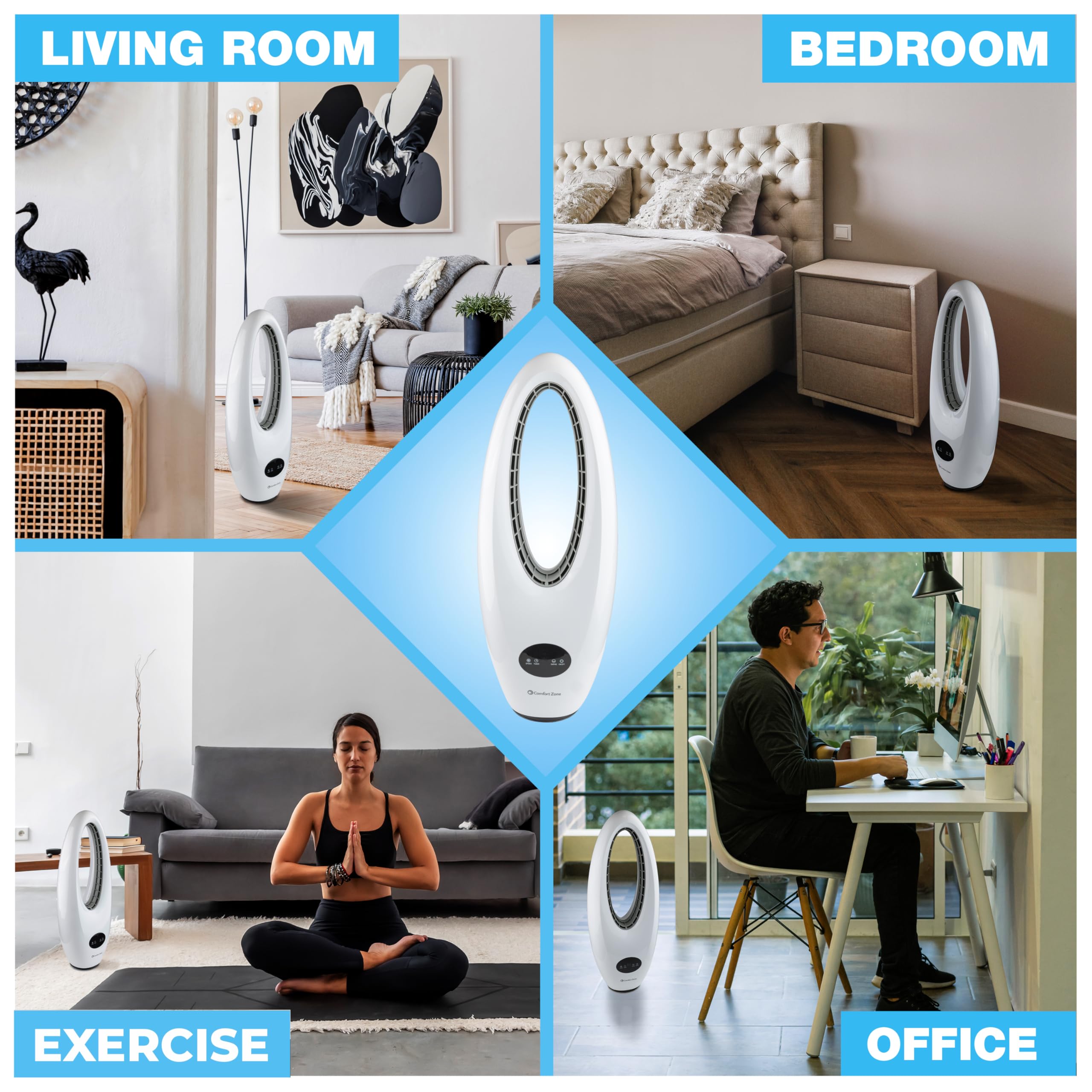 Comfort Zone 28-Inch Oscillating Bladeless Tower Fan With Remote Control, 3 Speeds, 70 Oscillation, Portable Tower Fan With 9-Ho