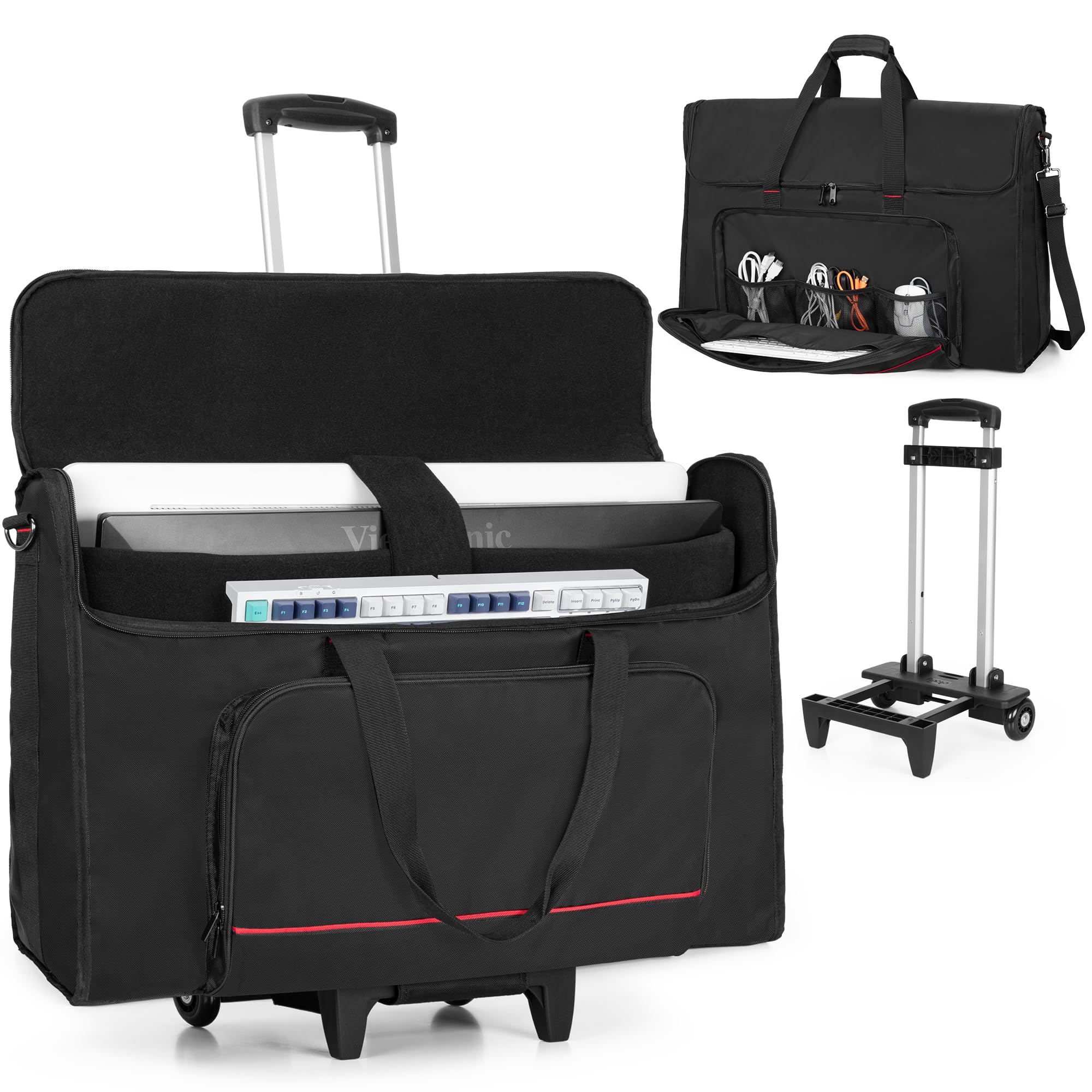 Trunab Rolling Monitor Carry Case for 24-27 Inch Monitors with Detachable Trolley, Padded Monitor Bag Hold Up to 2 LCD Screens/T