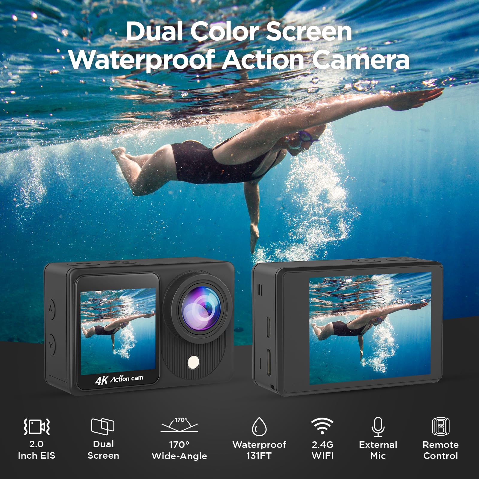 4K30Fps Dual Screen Action Camera, Pre Recording Hd 20Mp Touchscreen Video Camera, 131Ft Waterproof Cameras,2.4G Remote Control