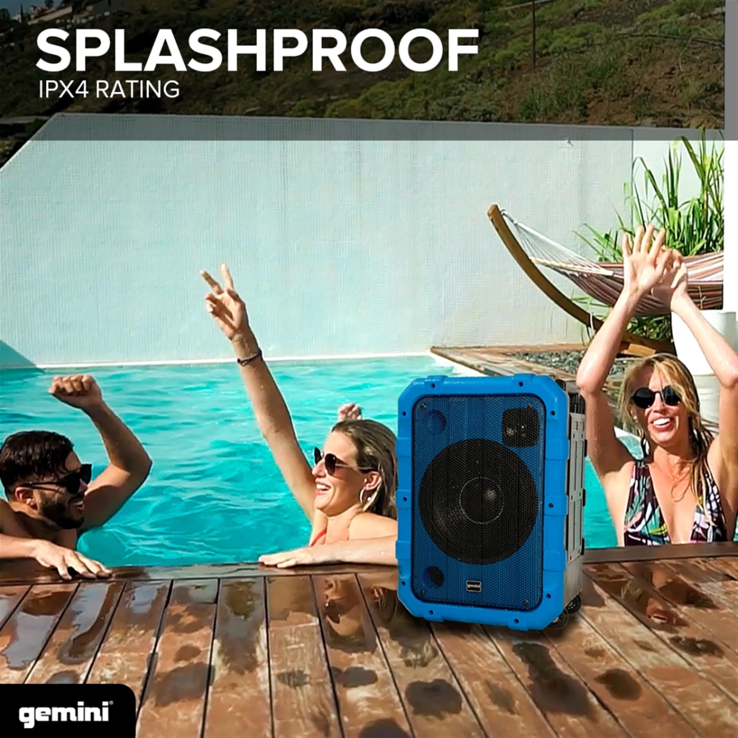 Gemini Sound Mpa 2400 Waterproof Bluetooth Speaker, 240W, 10� Woofer, Dsp Presets, Led Light Show, Mic/Guitar Inputs, Trolley Wheels, Built In Battery � Perfect For Outdoor Events (Blue)