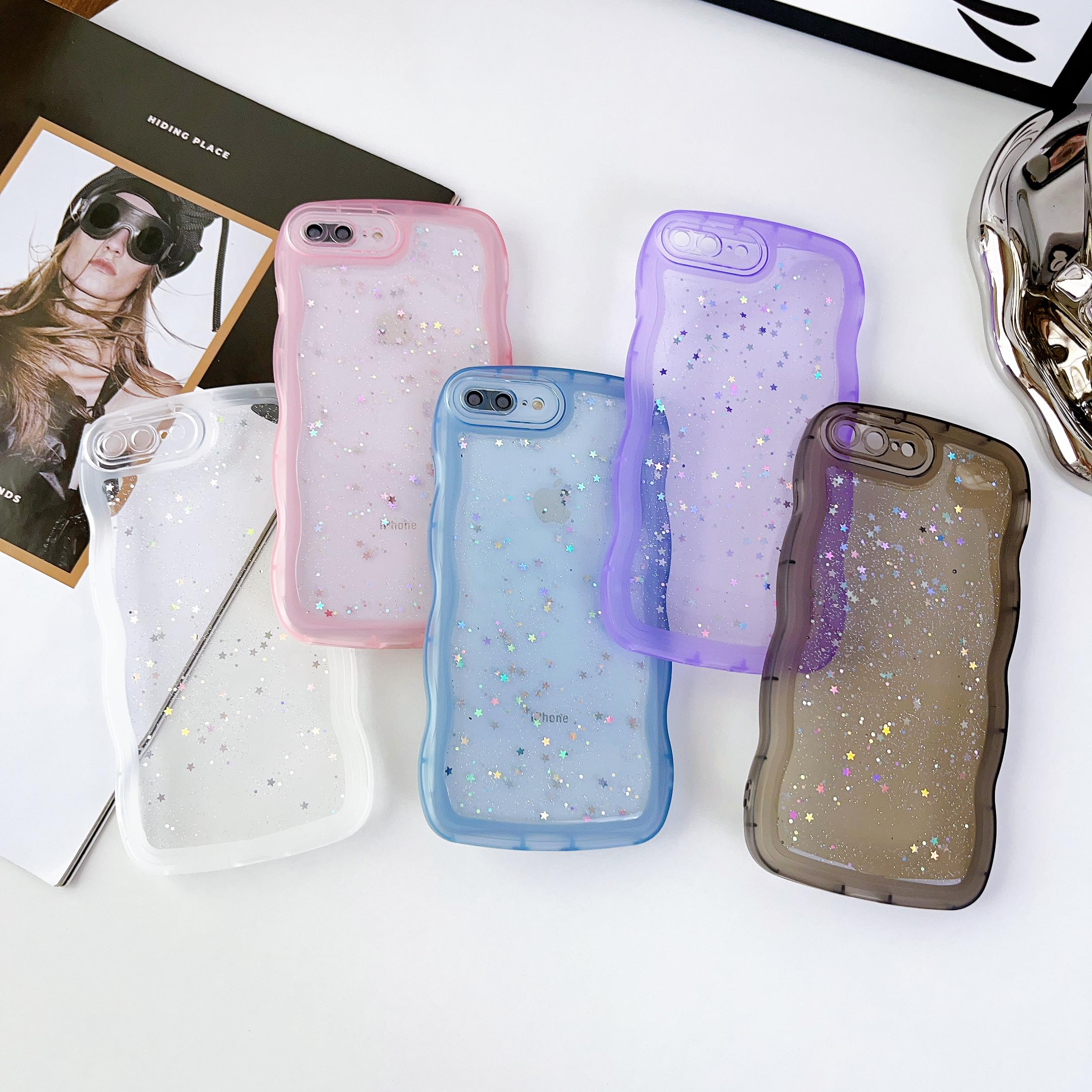 Qokey For Iphone 7 Plus Case,For Iphone 8 Plus Case,Curly Wave Design Transparent Bling Glitter Star Shiny Case, Cute Clear Full