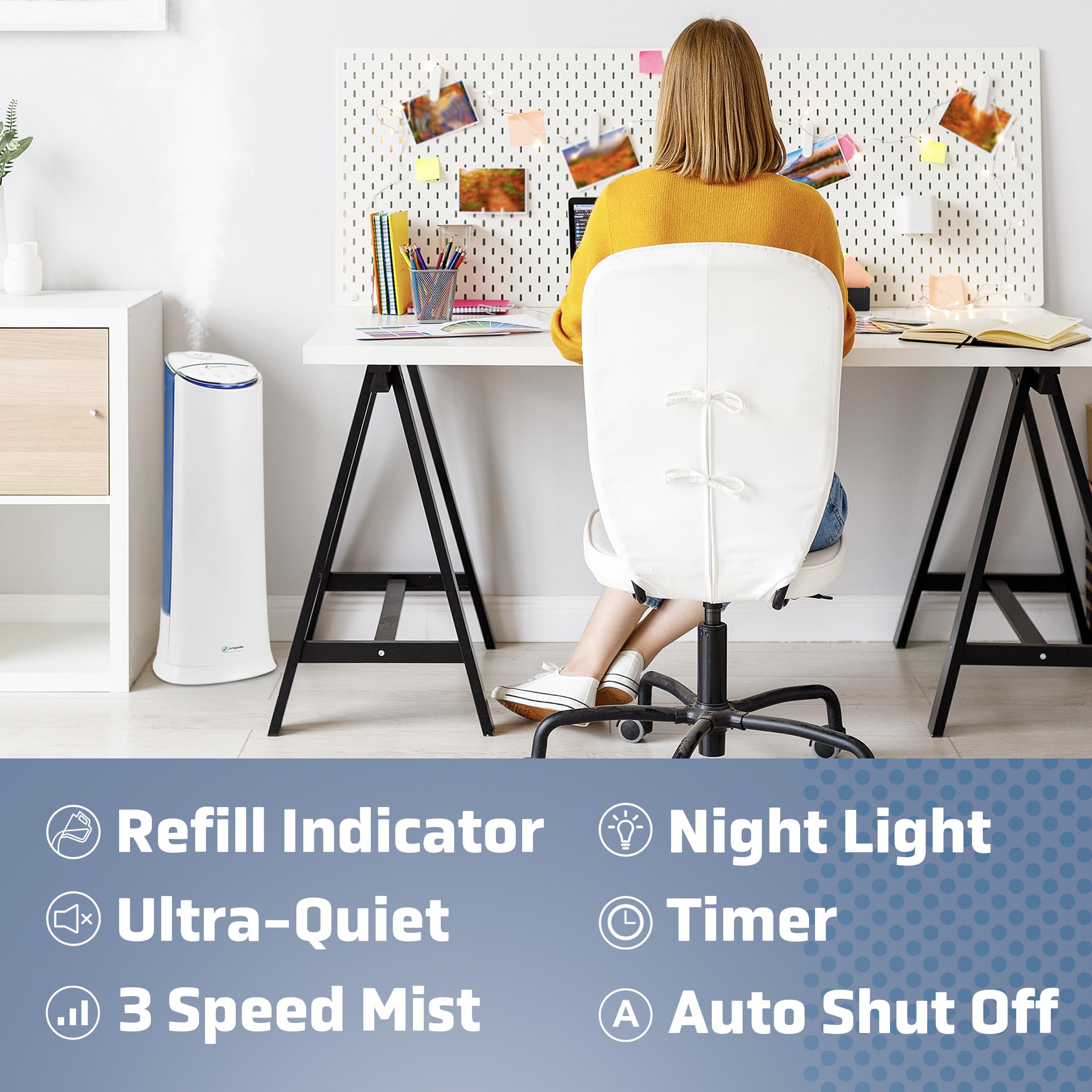 Pureguardian 7.4L Output Per Day Ultrasonic Warm And Cool Mist Humidifier Tower With Aroma Tray For Essential Oils, 100 Hour Per