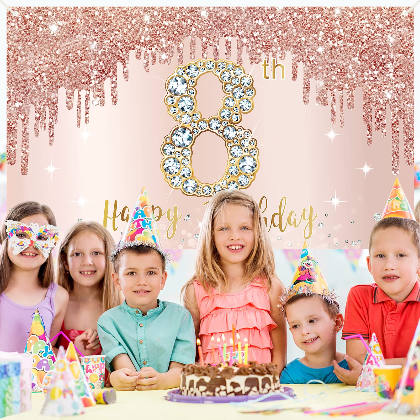 Happy 8Th Birthday Banner Backdrop Decorations For Girls, Rose Gold 8 Birthday Party Sign Supplies, Pink Eight Year Old Birthday